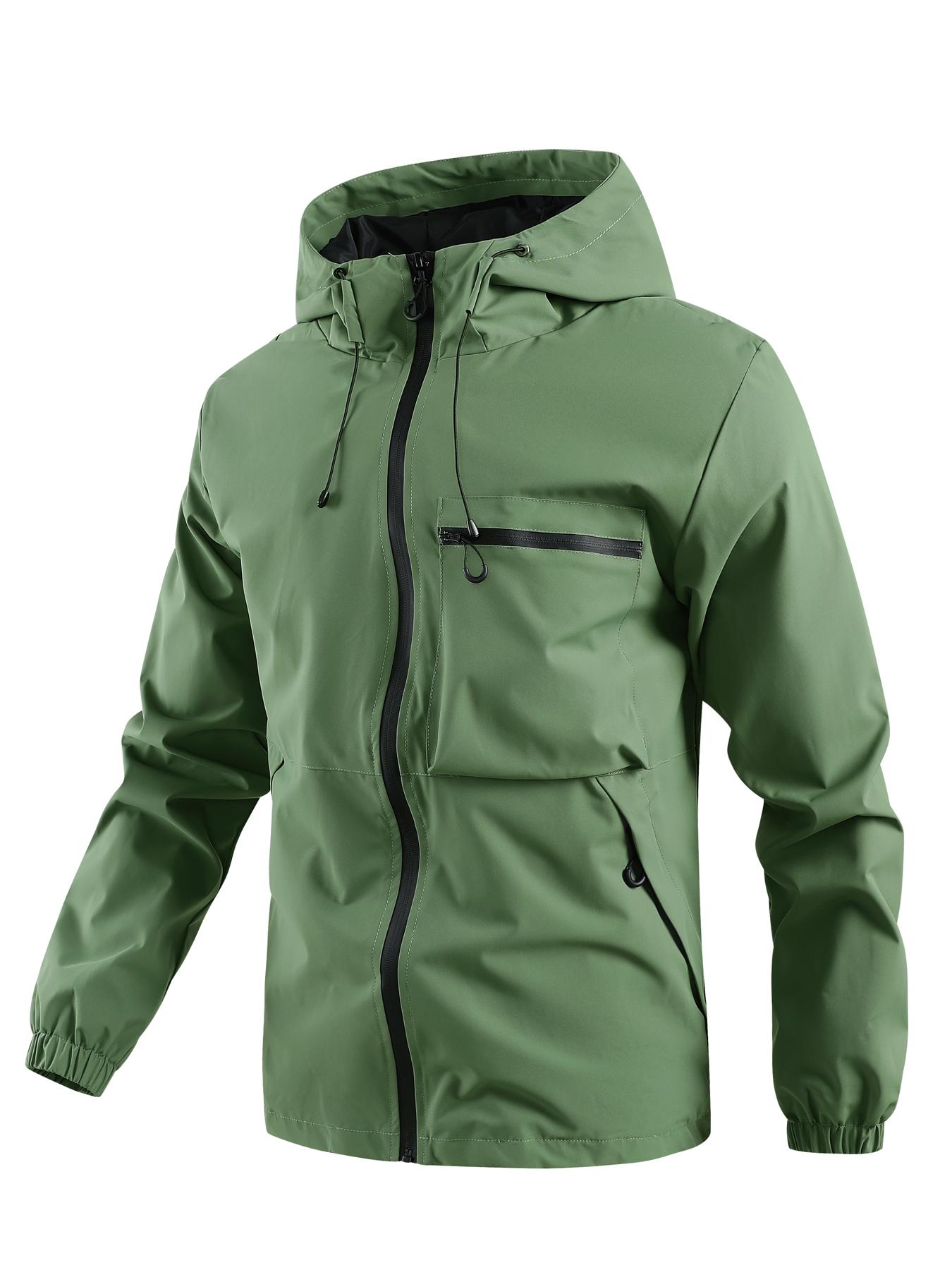 Men's Solid Pocket Drawstring Zip Up Hooded Waterproof Jacket, Regular Fit Casual Long Sleeve Windproof Jacket for Fall & Winter, Men's Clothing Jackets, Men's Outerwear for Outdoor Activities Technical Jacket, Jackets for Men Coats