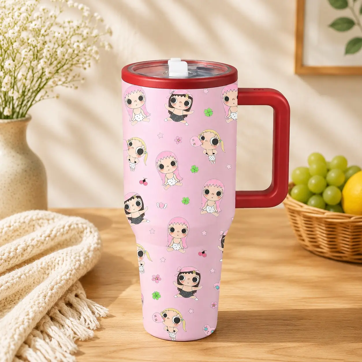 40oz Stainless Steel Insulated Cup, Cute Cartoon Girl Design, Vacuum Insulation, Kawaii Aesthetic, Ideal for Girls, Office, Travel, Gifts