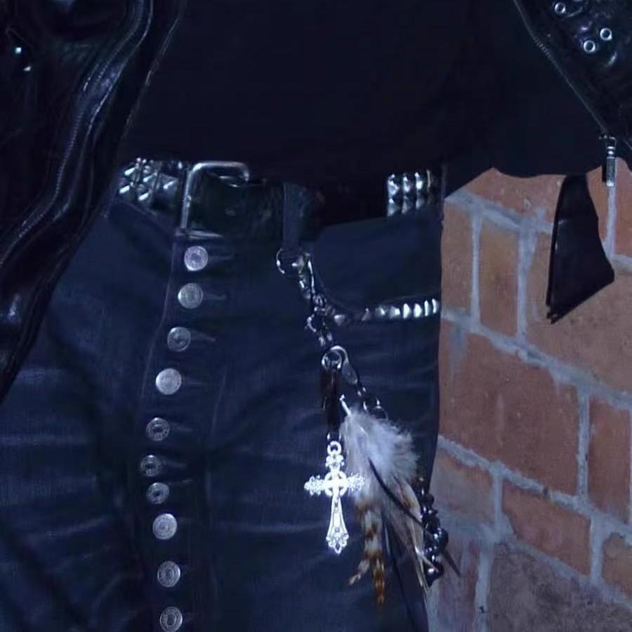 Handmade Visual Feather Skull Cross Multi-layer Retro Keychain Pant Chain Necklace Dual-purpose Versatile