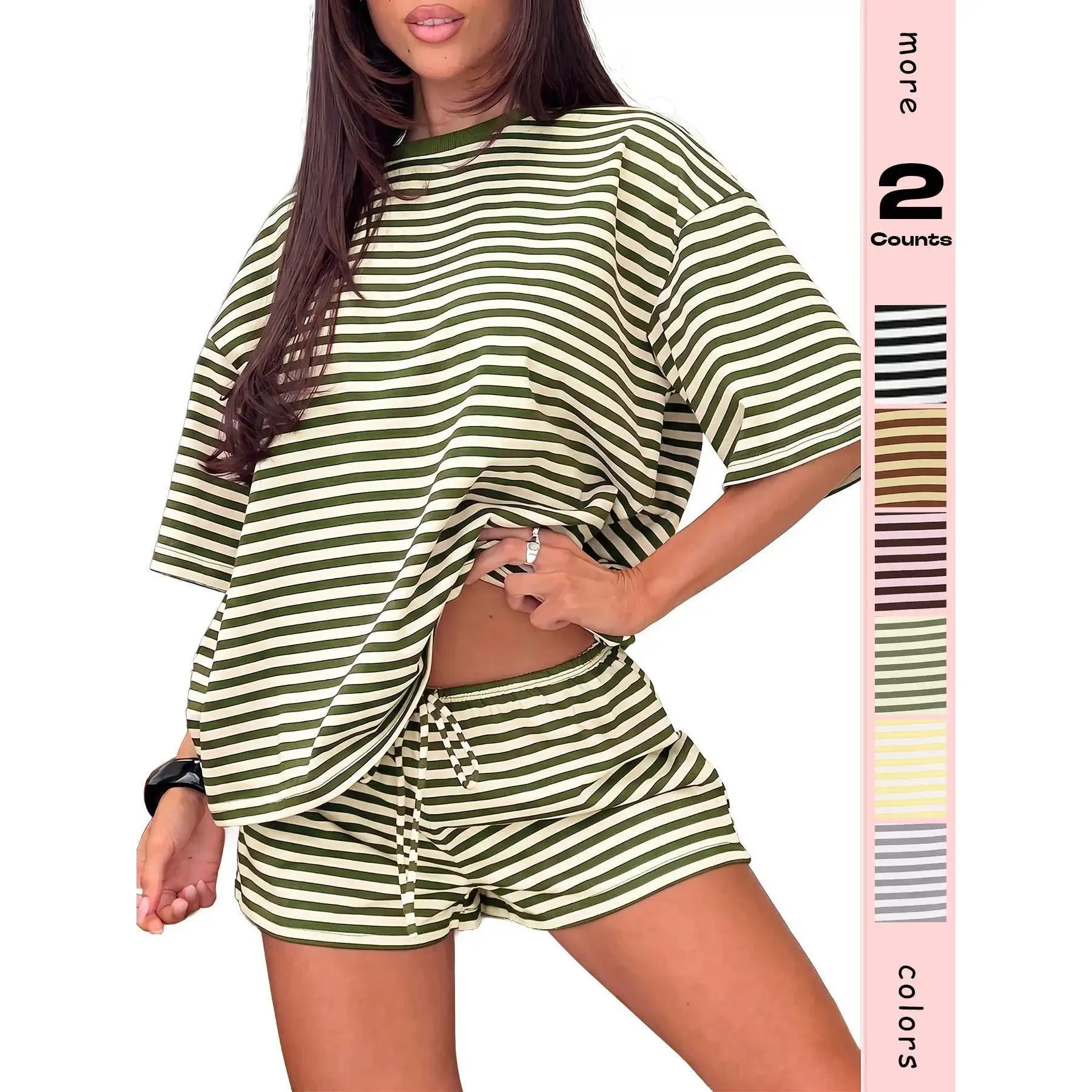 Oversized Fit Striped Matching Set for Women, Drawstring Waist Short Sleeve Top & Casual Lounge Shorts, Skin-Friendly Summer Everyday Outfit