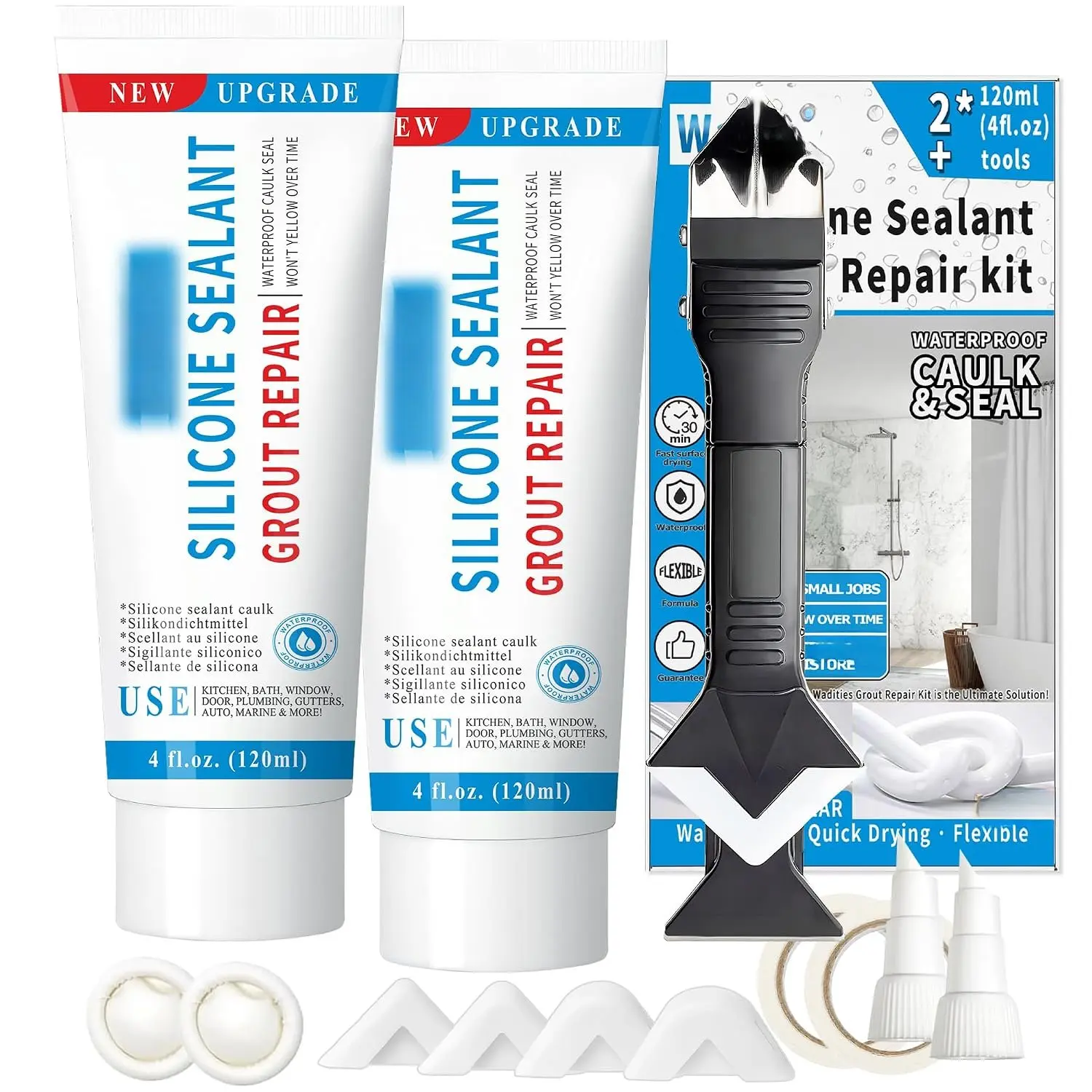 8Oz White  Caulk & Seal  Sealant,  Tile Grout Repair Kit with Grout Remove Scraper, Shrink & Crack Proof for Bathroom, Shower, Kitchen, Floor (4Oz, Pack of 2)