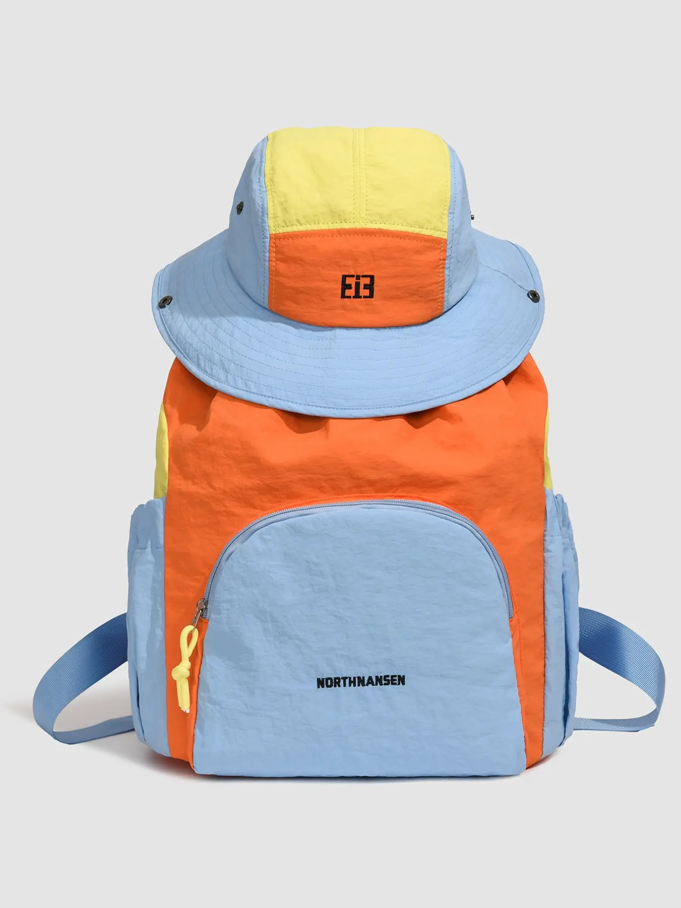 Colorblock Drawstring Backpack + Sun Hat Set, Lightweight Large Capacity, Multi-Pocket Organization, Foldable Breathable Hat, Ideal for Hiking, Camping