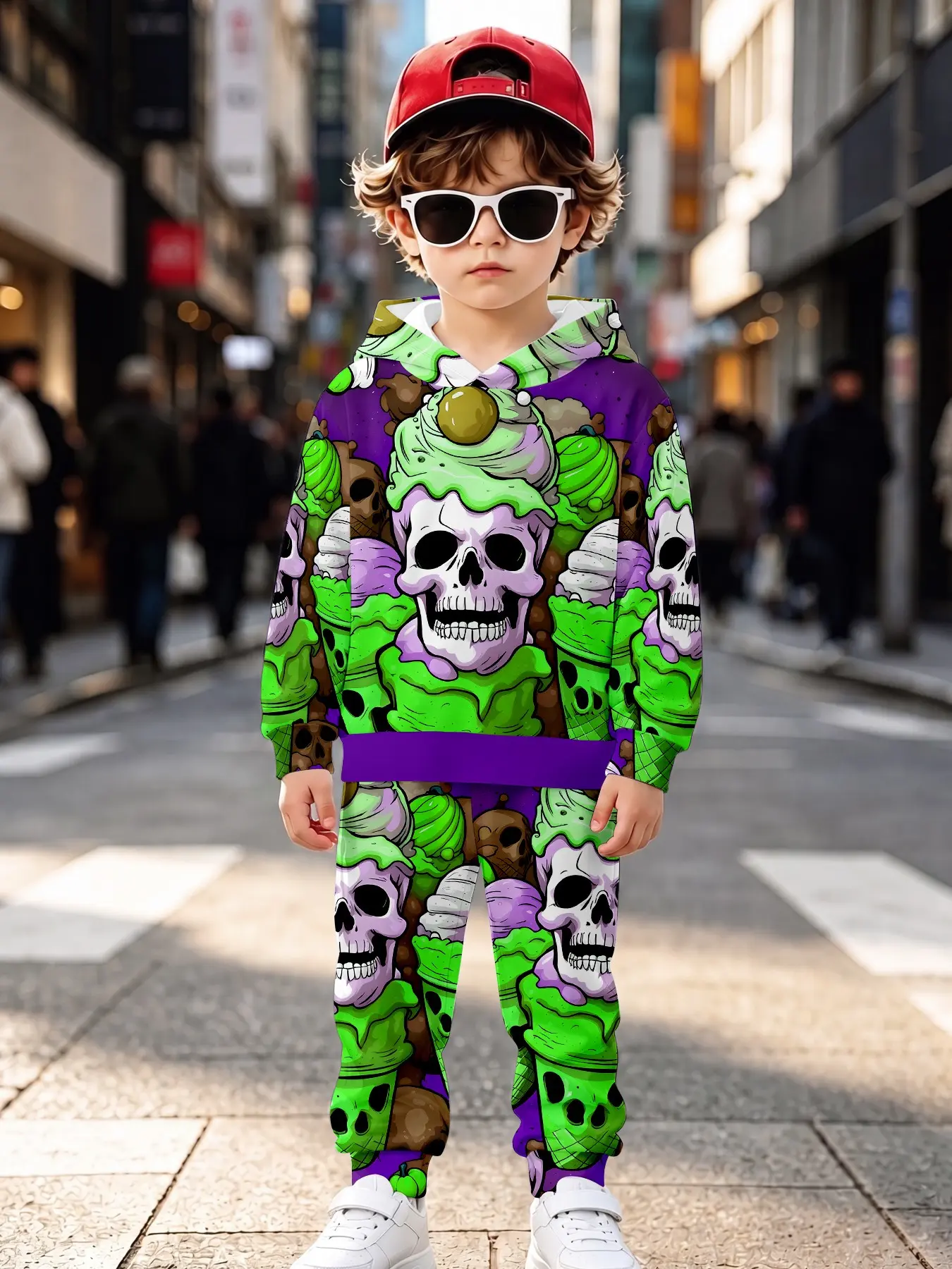 Funny Matcha Ice Cream Skull Unisex Kids Cool Casual Set, Long Sleeve Natural Waist Sweapants, Fall Winter All over Print