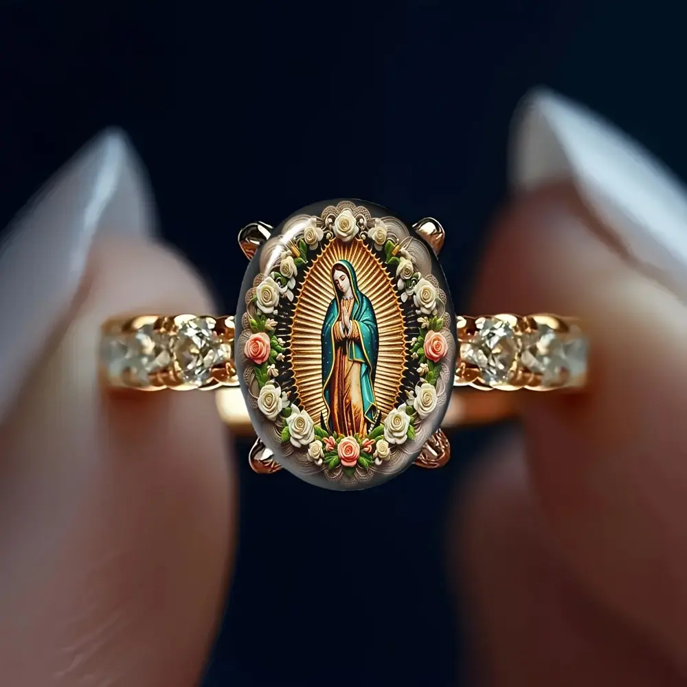 Loveden Women's Gold Virgin Mary Rose Wreath Oval Ring, Vintage Religious Our Lady Statement Fashion Jewelry, Delicate Stackable Band Accessory for Everyday Wear, Church, Dating, Wedding Party and All Kinds of Special Occasions