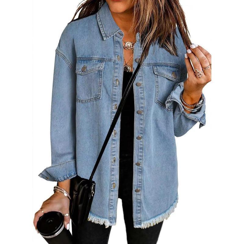 Women's Button Up Frayed Hem Shacket Long Sleeve Pockets Denim Jean Jacket