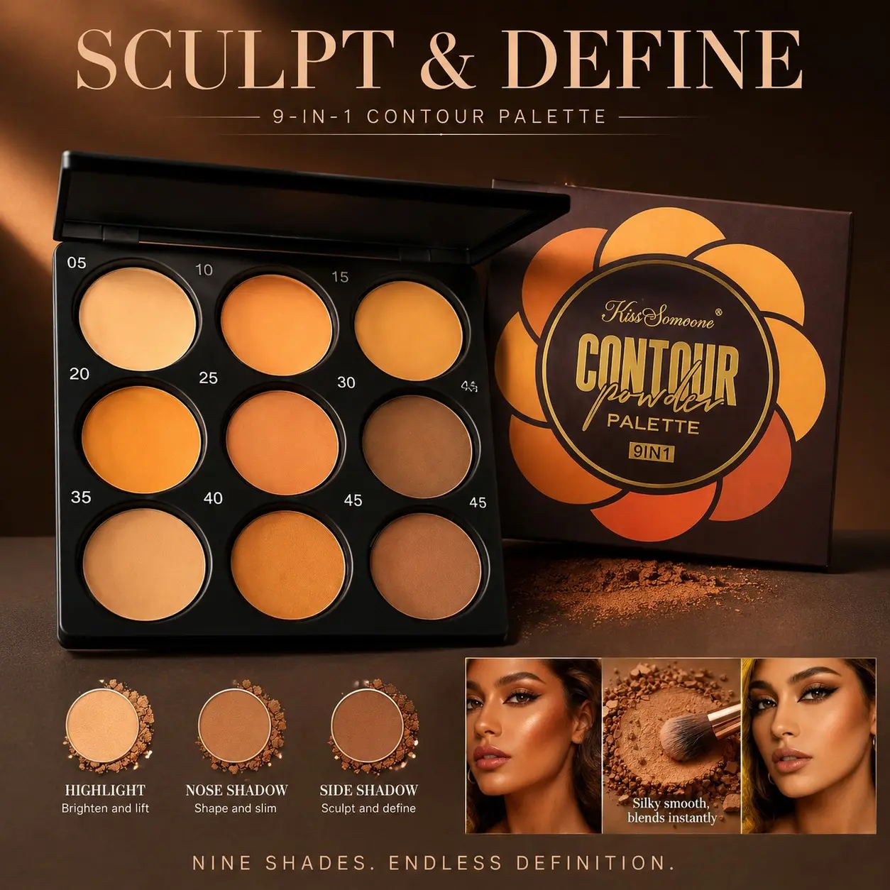 9 Shades Matte Pigmented Contour Concealer Palette, Concealing Contouring, Medium Deep Skin, Highlight Sculpt, Waterproof Sweatproof Long Lasting, Beginner Daily Face Shading Makeup