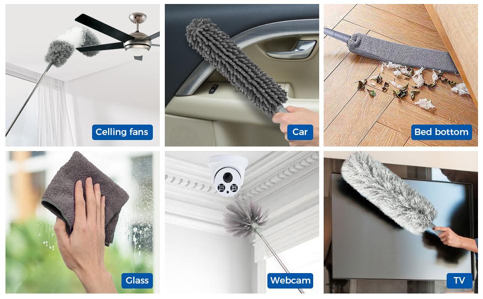 9Pcs Dusters for Cleaning Kit, Extendable Microfiber Duster Tools with 100" Long Pole, Retractable Gap Bendable Dust Cleaner, Reusable Washable Cleaning Supplie for Ceiling Fan Furniture Cars and Home
