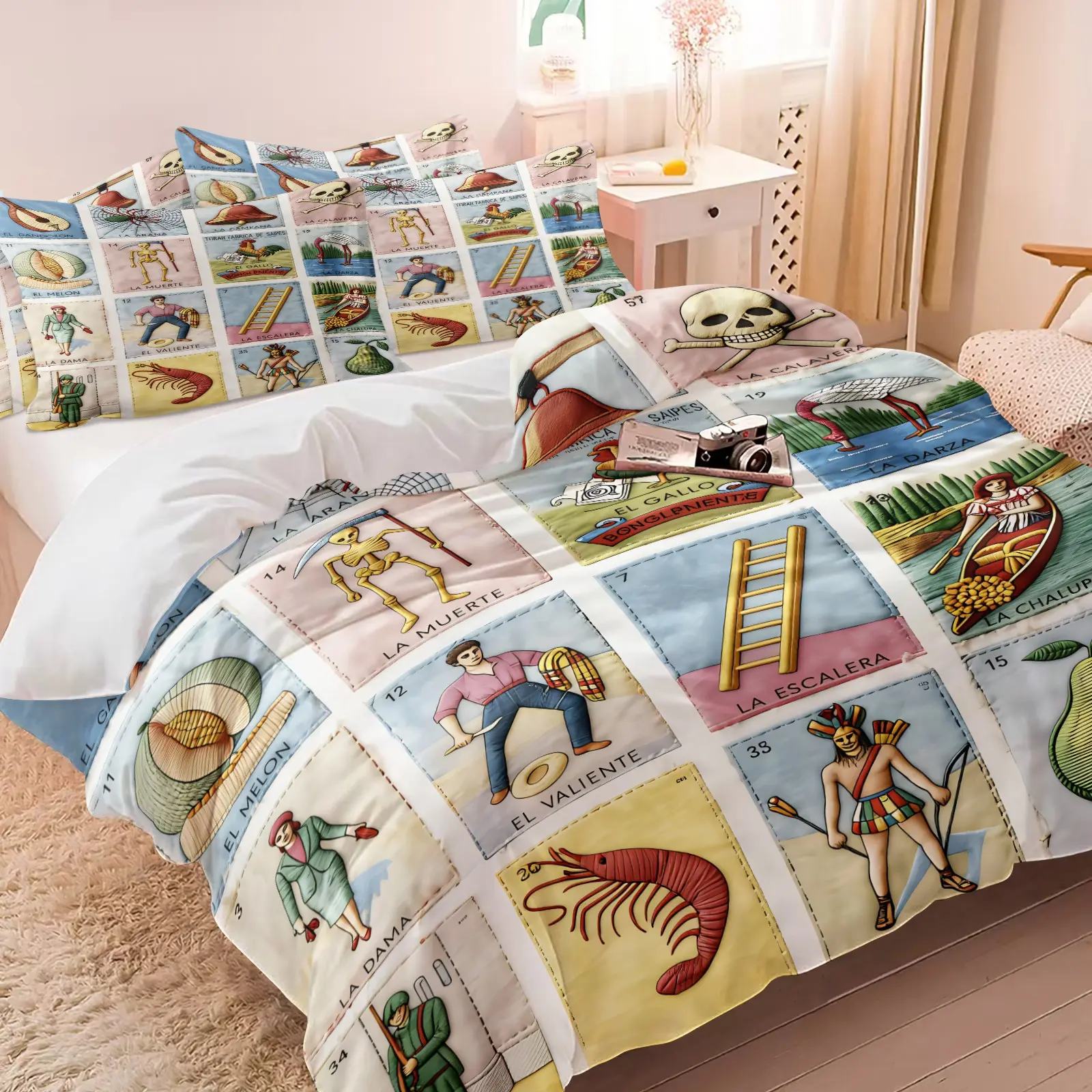 2/3Pcs Ultra Soft Mexican Loteria Card Comforter Set Classic Retro Skeleton Rooster Shrimp Floral Grid Print Bedding Cultural Vibrant Lightweight All Season Bed Set For Latino Family Bedroom Decor