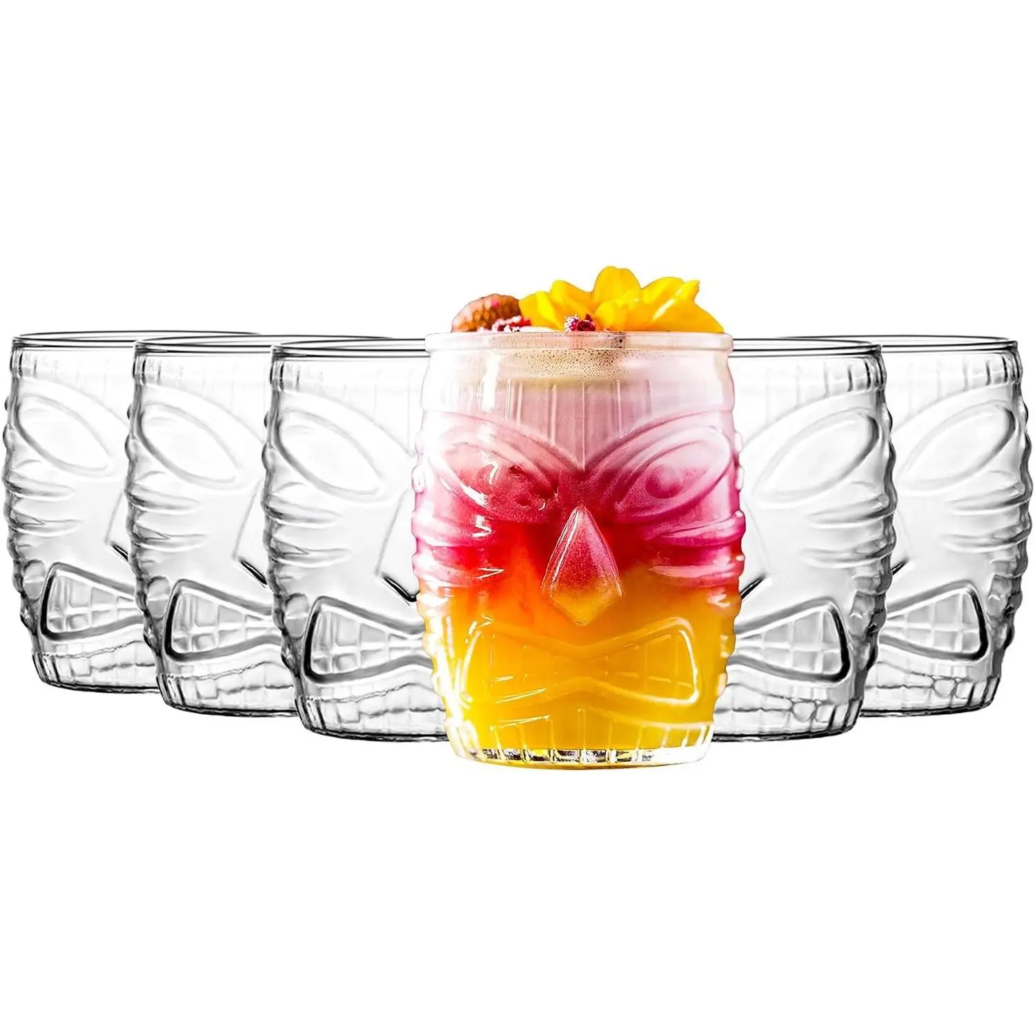 Tiki Glasses Set of 6-16 oz Cocktail Drinking Glasses - Water Glassware - Drinkware for Juice Iced Coffee - Hawaii Pool Beach Party Cups