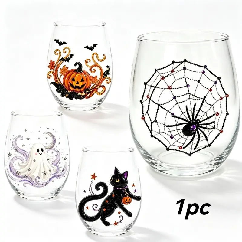 1Pc Halloween Stemless Wine Glasses Tumbler Cup Kawaii Cute Spooky Gothic Aesthetic Ghost Black Cat Pumpkin Spider Web Print Durable Clear Glassware Home Bar Kitchen Party Hosting Gift
