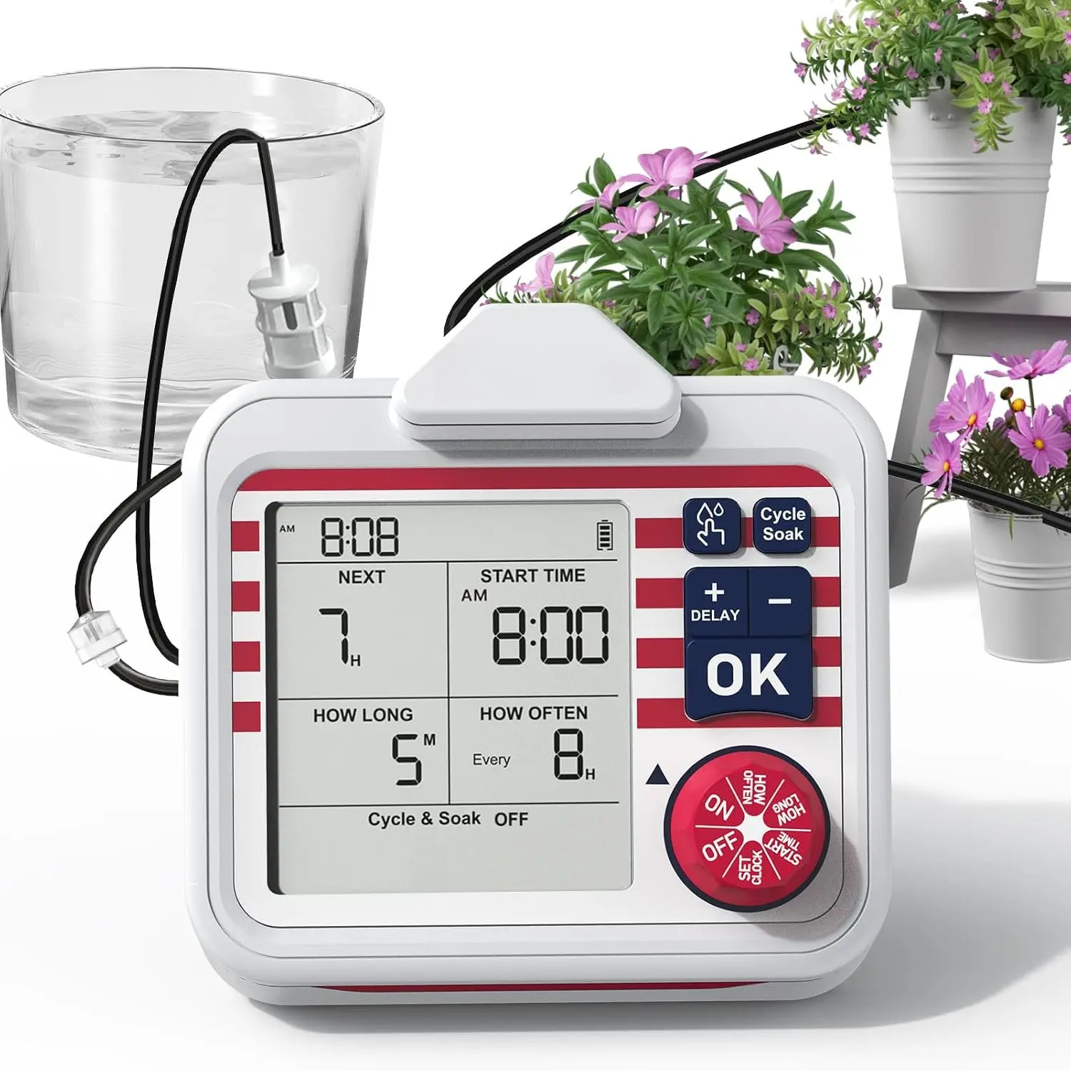 Indoor Large Display Automatic  Waterer Kit | Drip Irrigation System with Next Watering Countdown, Power-Off Memory,Anti-Siphon,Cycle & Soak Mode,Water 10-15