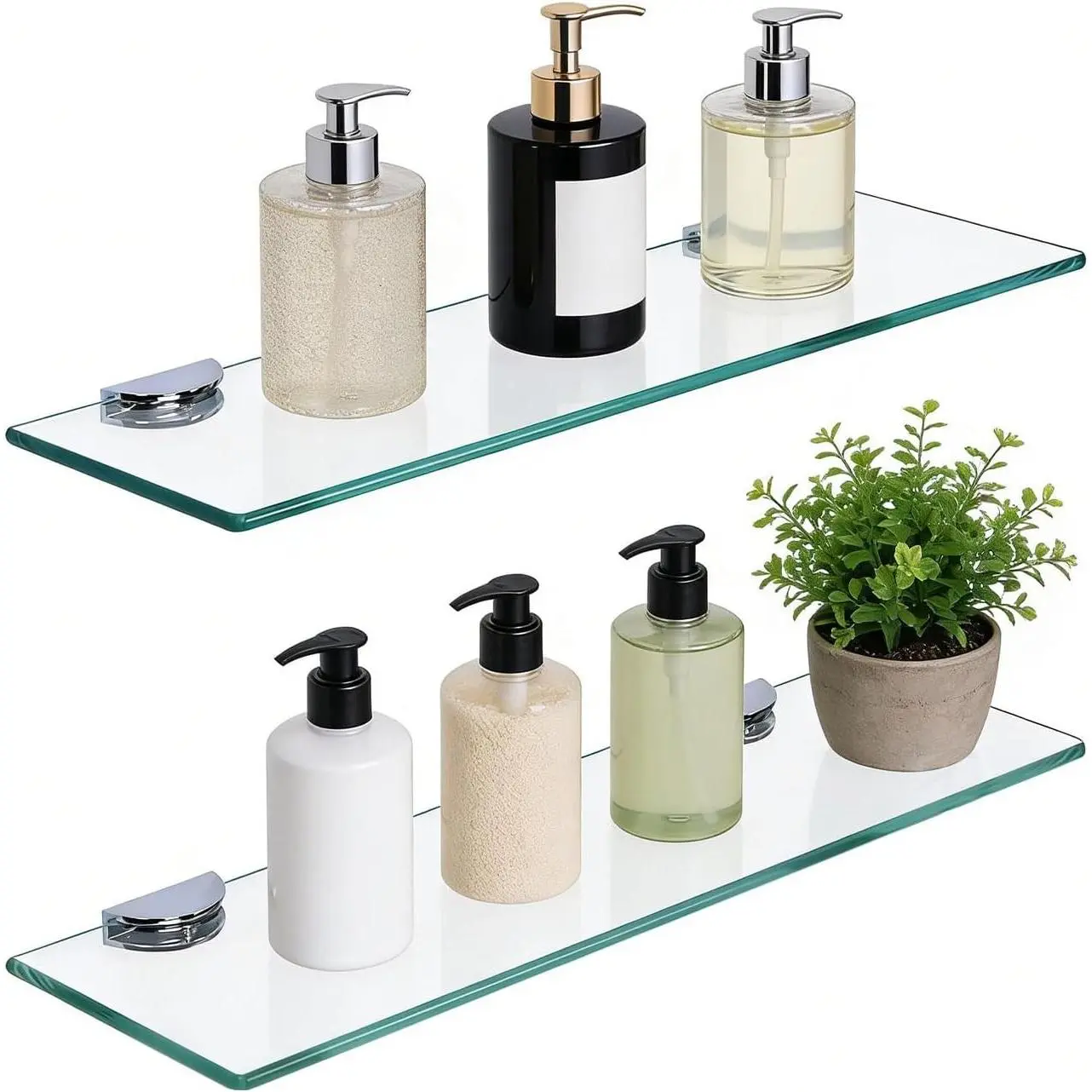 Bathroom Shelves, Glass Floating Shelves for Bathroom, Kitchen, Living Room, Bedroom,Tempered Glass Shelf with Zinc Alloy Brackets, 15 X 4.75 Inches, 2 Pack Clear