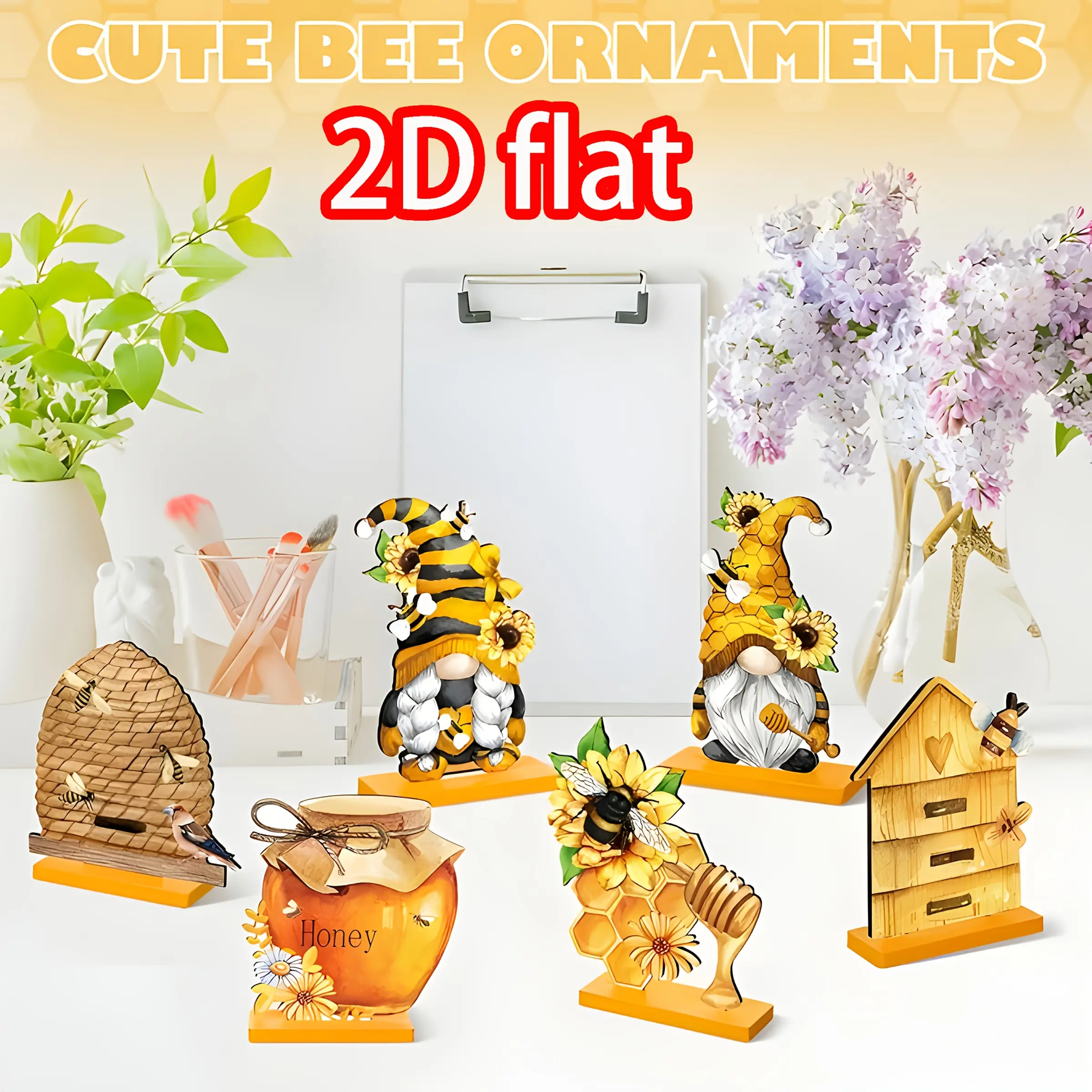 Set of 6 2D Flat Wooden Table Sign Decor, Farmhouse Ornaments, Bee Sunflower Table Centerpieces, Multi-Purpose Summer Kitchen Decor Signs for Home Display, Home Decor Plaque