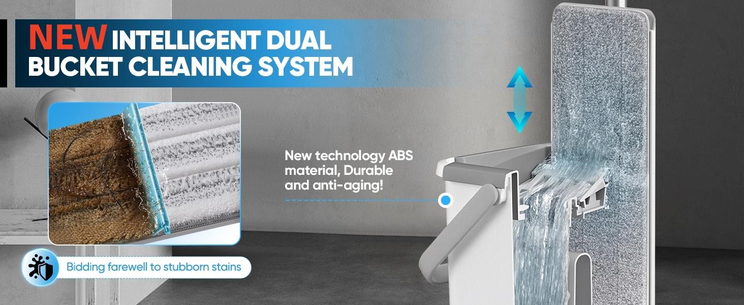 1 Set Flat Mop Bucket Set with Extra 2 Replaceable Microfiber Mop Cloths, Stainless Steel Mop Rod,  Hand-free Flat Mop with Bucket, Wet and Dry Wash-off Separation, Cleaning Supplies Cleaning Mop,  Wooden Floor, Glass, Household Items Cleaner Home Pad