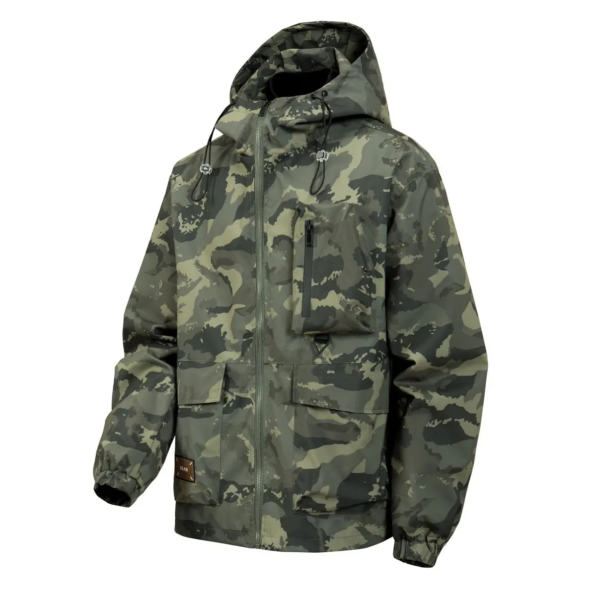 Men's Camo Hooded Cargo Jacket - Water Resistant Full Zip Front Medium Length Windbreaker with Multi-Zipper Pockets, Adjustable Drawstring Hood, Elastic Cuffs for Outdoor Streetwear