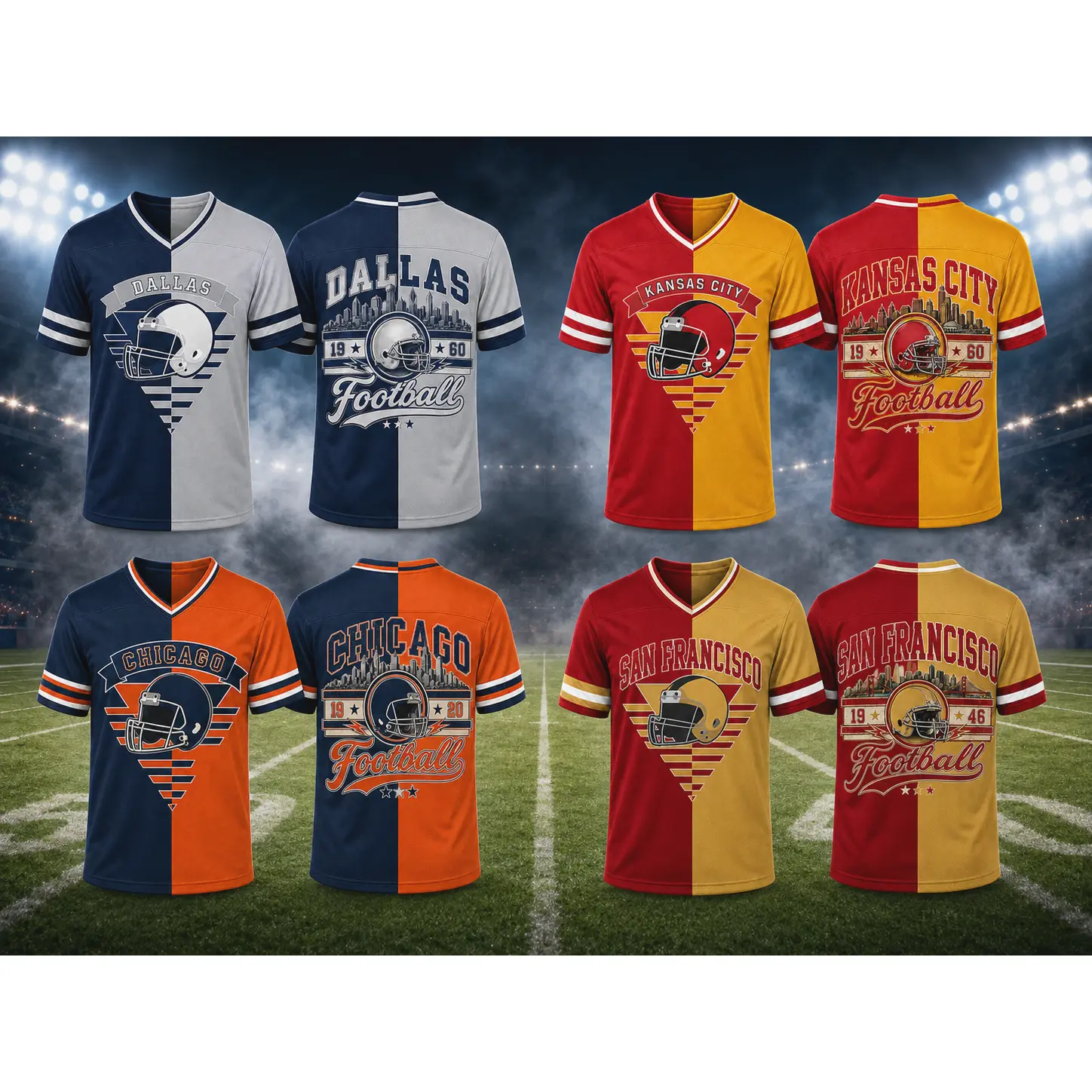 Unisex V-Neck Short-Sleeve Fan Jersey, Two-Tone Split Design, Striped Cuffs, Loose Fit For Tailgate & Watch Parties#TikTokMadeMeBuyIt#TikTokShop#GameDayJersey#FootballFanTop#TwoToneGameDayJersey#SportsCasualApparel