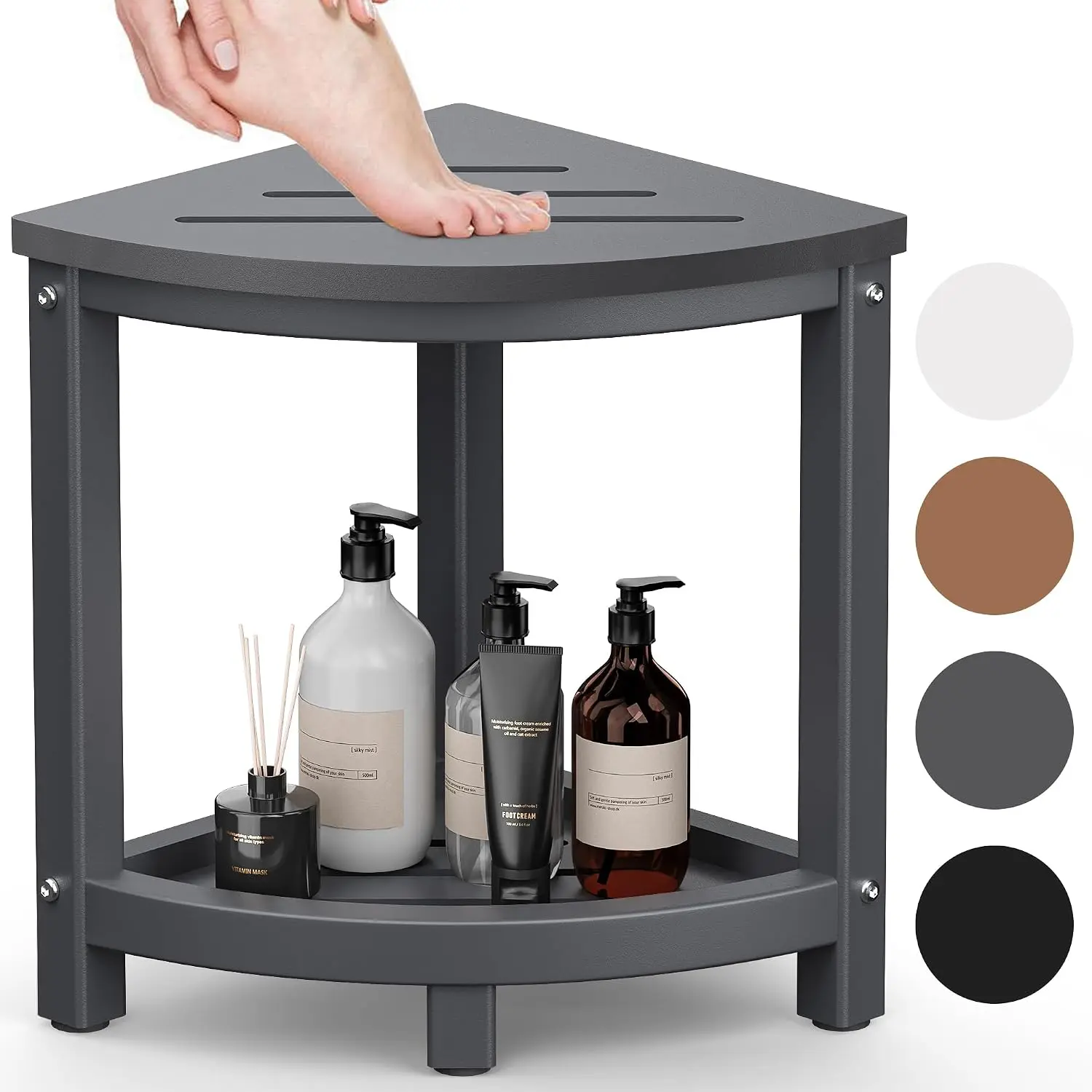 Waterproof HDPE Shower Stool - Corner Bench Seat with Storage Shelf, Foot Rest for Shaving Legs, Indoor/Outdoor Bathroom Use (Grey)