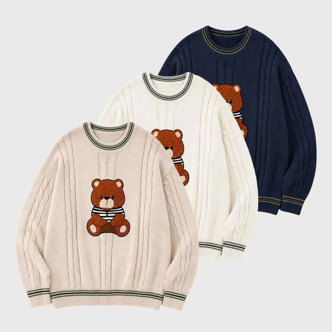 Veiskor Men's Vintage Cable-Knit Round Neck Bear Graphic Foldable Oversized Soft Longsleeves Casual Cute Loose-Fit Fall Winter Jumper - Menswear Streetwear Daily Fashion Knitwear Top