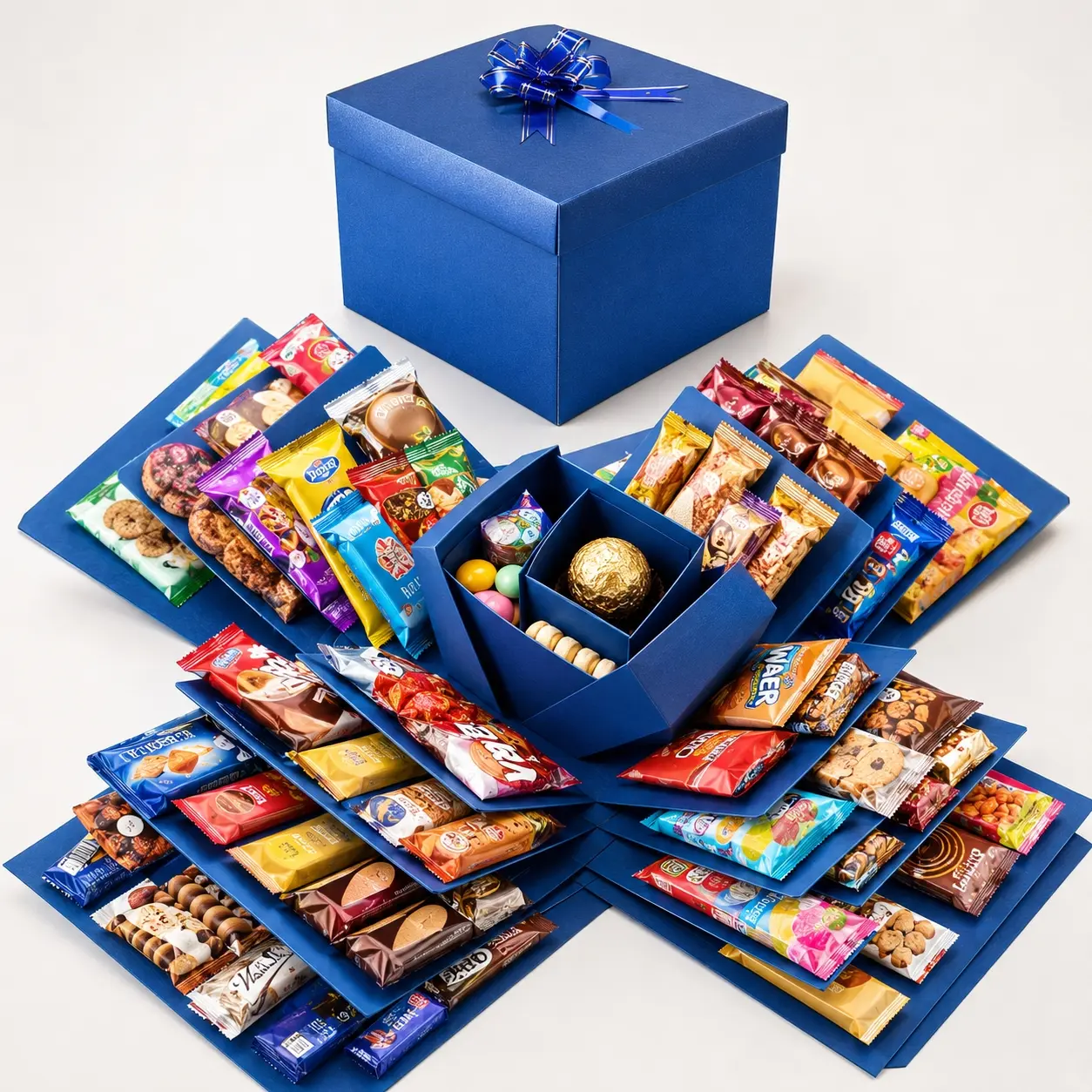5-Layer Explosion Gift Box for Snacks & Photos, DIY Surprise Birthday Gift Box with Ribbon Bow, Candy Chocolate Memory Box for Kids Birthday, Anniversary, Graduation, Christmas, Valentine’s Day Party Gift, Beautiful Gift Box, Blue/Pink