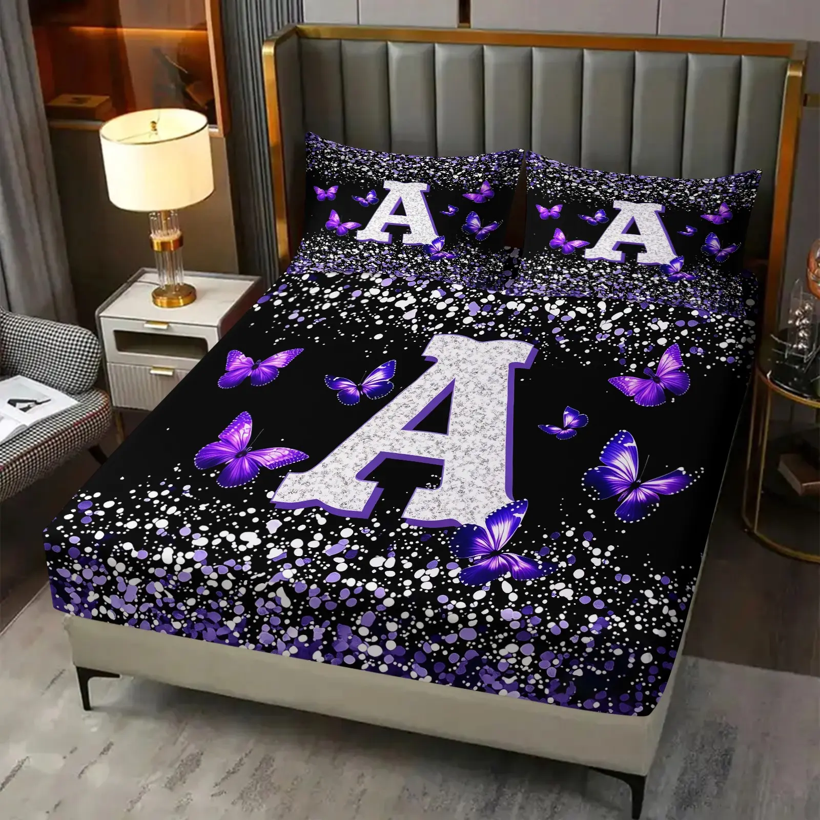 3pcs 100% Polyester / Butterfly Alphabet Fitted Sheet Set / Aesthetic Purple Glitter 26 Letter Pattern / Soft Breathable Microfiber Bedding / Modern Home Interior Essential / Gift for Girls / Ultra-Soft Luxury Bed Sheets / [Do Not Contain Fillings]
