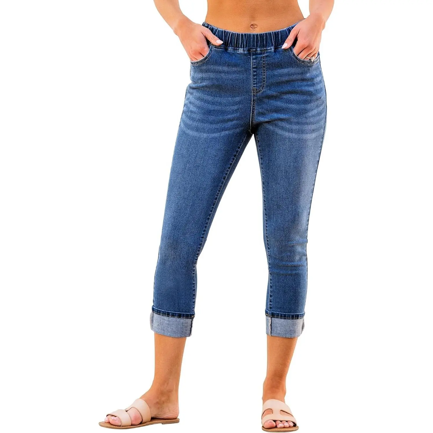 Women's High Waisted Pull-On Skinny Capri Jeans Stretch Denim Cropped Jeggings