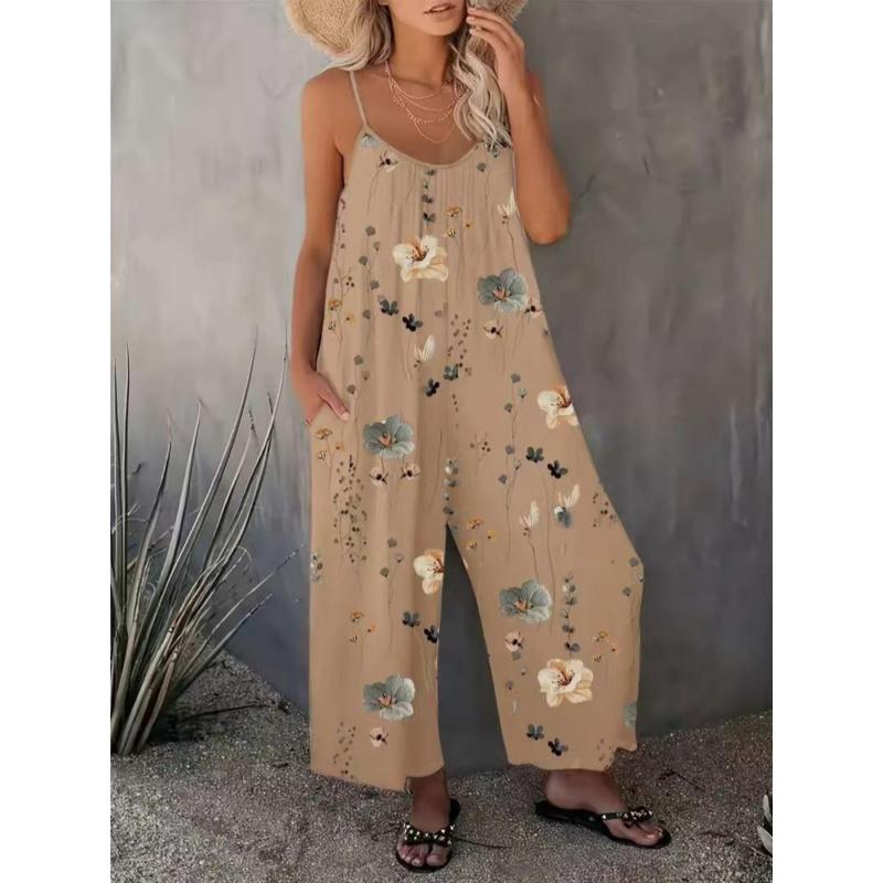 Comfortable Loose Jumpsuit U Neck Ruched Fit Sleeveless Floral Pocket Design Perfect Vacation Selection Precise Tailoring Casual Summer Beach Holiday Travel Resort Outfit Women'S Romper Jumpsuit With Pockets Flowy Beach Cover Up Summer Clothes 2026