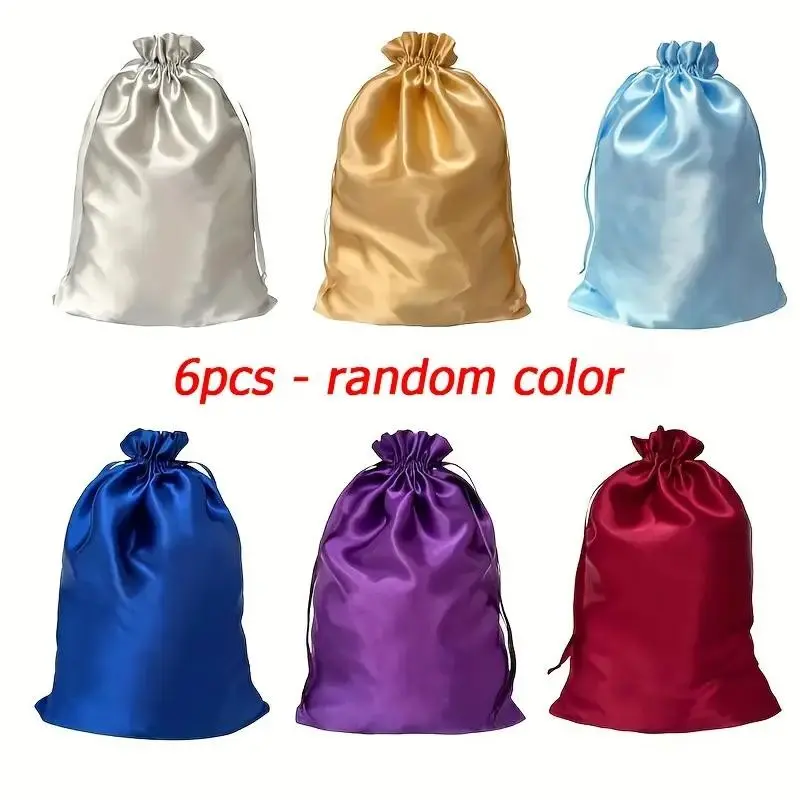 6-Piece Large Wigs Storage Bags, Satin Drawstring Packaging Bags for Hair Extensions, Hair Bundles, Wig Organizer, Easy Carry & Store