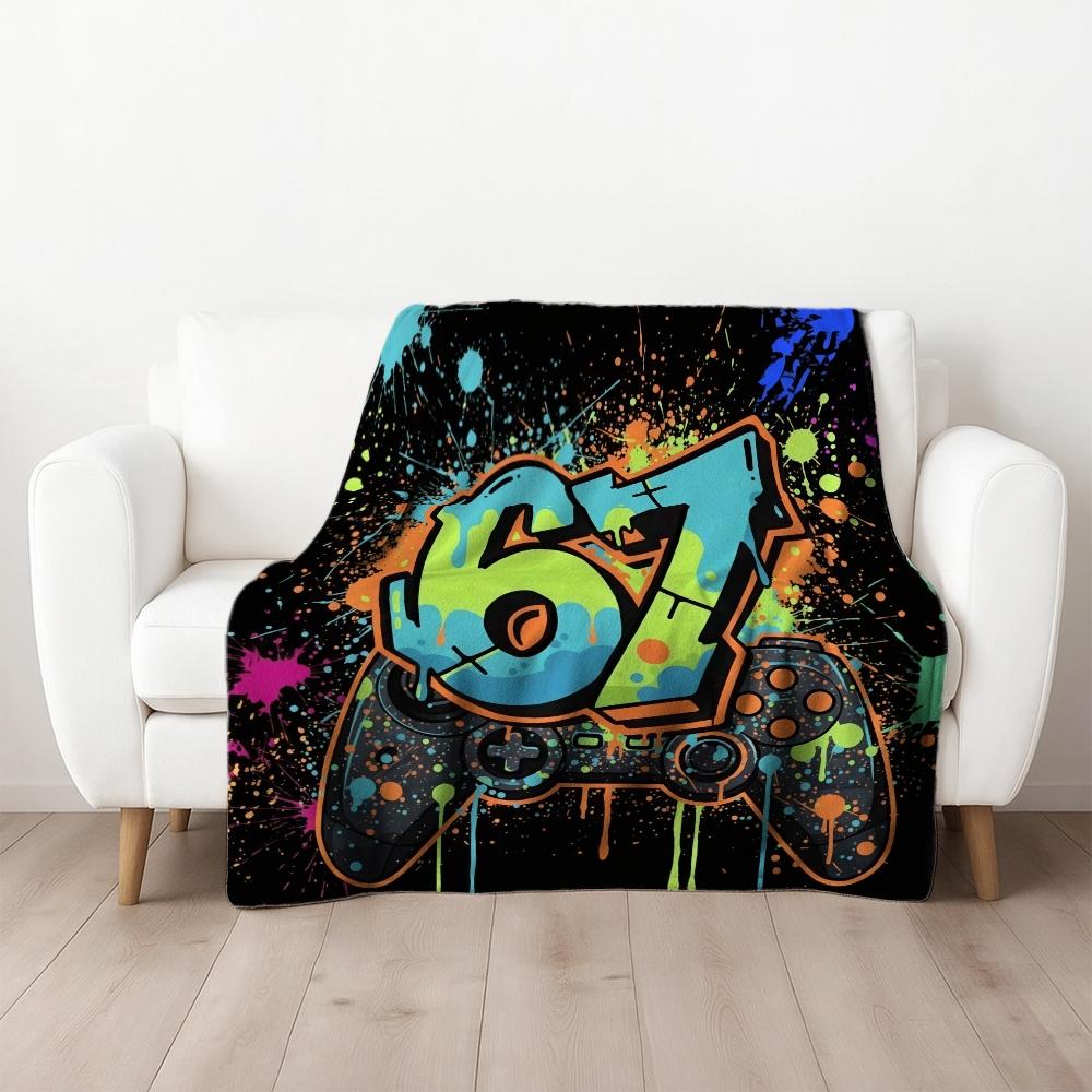 2D Flat Printing 1pc  Brightly colored graffiti-style handle with numbers 67 Pattern Printed  Blanket Flannel Fleece All Season Light Weight Living Room/Bedroom Warm Blanket