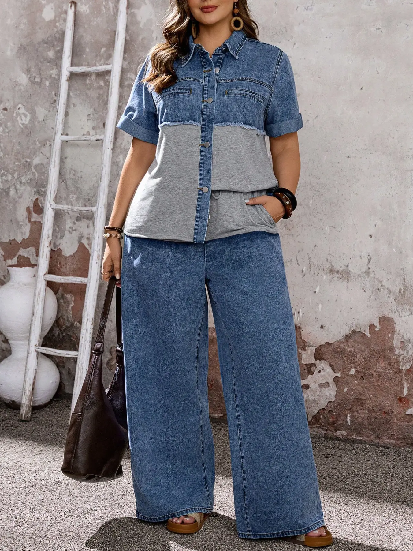 Women's Denim Set, Loose Baggy Casual Everyday Vintage Style, Comfortable Fabric, No Restriction, Perfect for Plus Size, Denim and Knit Combo