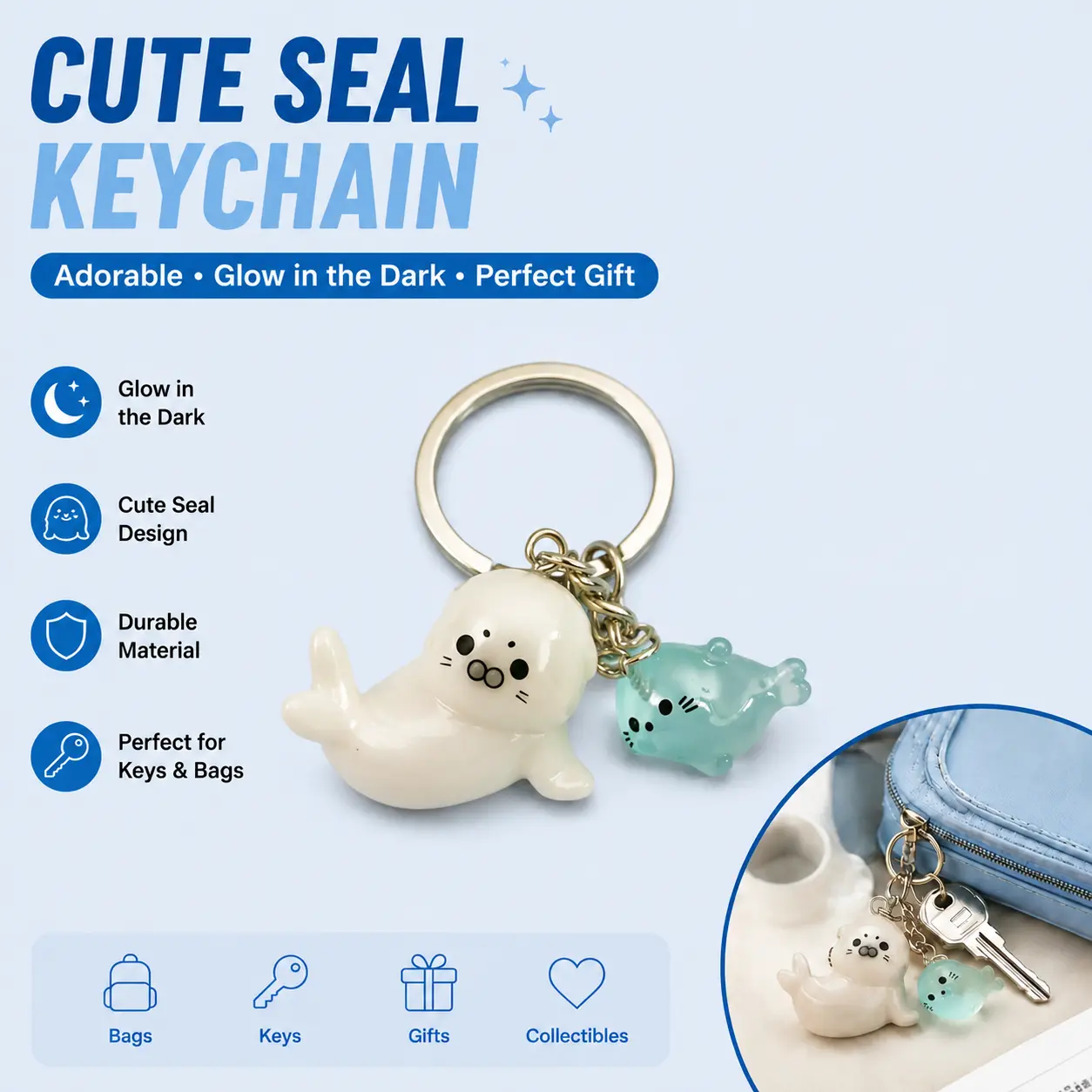 Random Cartoon 3D Glow-In-The-Dark Seal Keychain Set, Keychain Collectibles, Keychain Kawaii, Cute Decorative Pendant, Perfect Holiday Gift for Men and Women, Cute Keychains-YY0