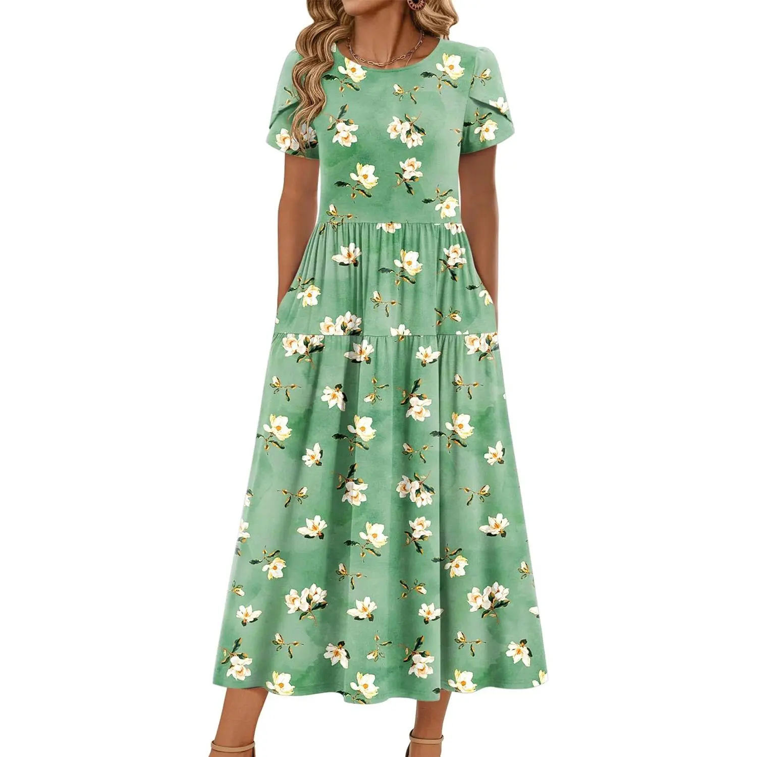 Women's Bohemian Floral Maxi Dress, Casual Short Sleeve Flowy Tiered Long Summer Beach Sundress for Casual Wear, Shortsleeve, Women's Clothes, Lady, No, Tiered Skirt, Bohemian Women's Clothing Sets