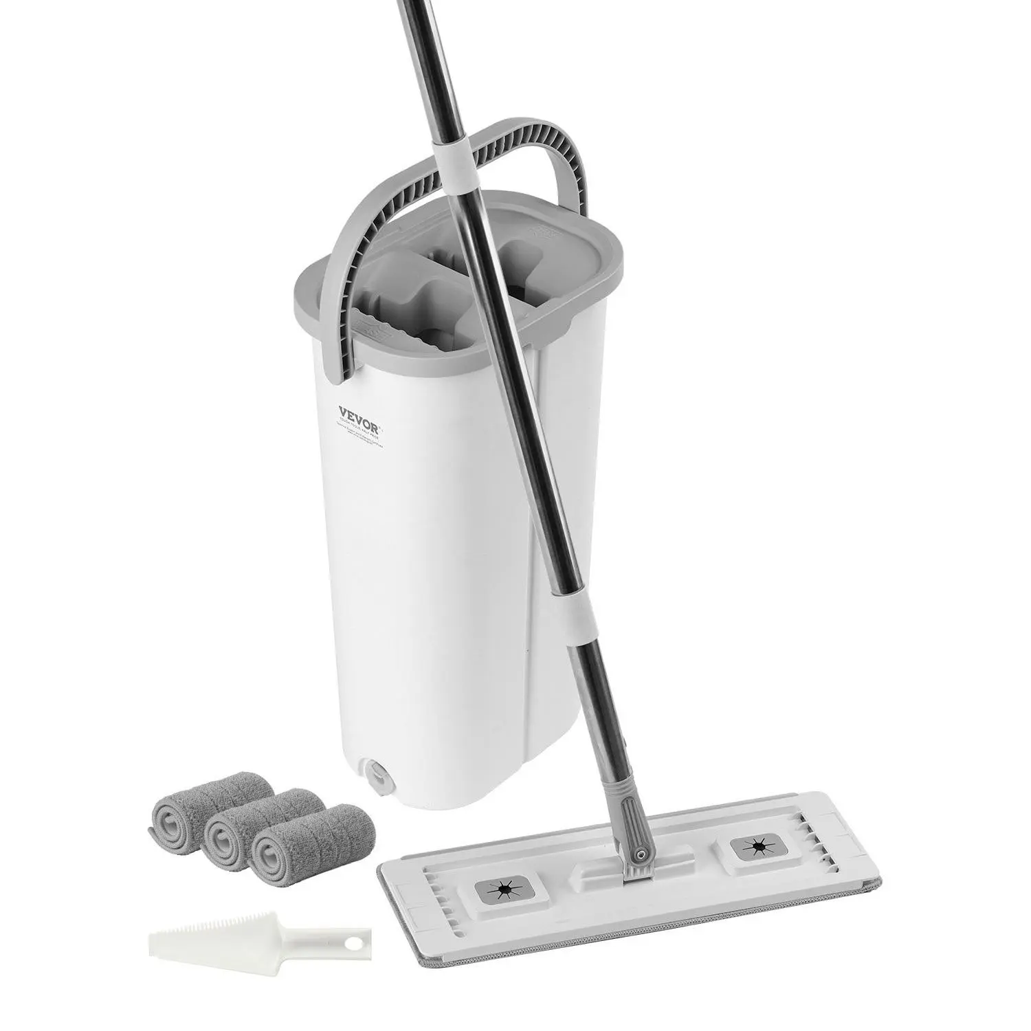 【DealsForYouDays】VEVOR Mop and Bucket with Wringer Set, Wet Dry Use, Flat Mop and Bucket System with 3 Washable Microfiber Pads, Flat Mop with Stainless Steel Handle, Mop Bucket Set for Hardwood Tile Vinyl