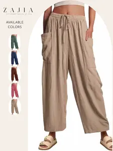 Women’s Casual Wide Leg Pants, Lightweight Linen Feel Loose Fit Harem Palazzo, Drawstring High Waist, Beach Vacation Resort Trousers with Pockets
