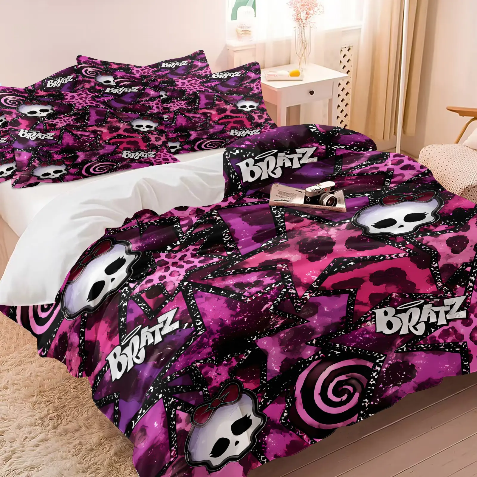 Edgy Y2K Gothic Skull Star Duvet Cover Set, Includes 1 Duvet Cover and 1‑2 Pillowcases, Soft Comfortable Breathable All‑Season Printed Bedding Set, Eye‑Catching Vibrant Purple Pink Leopard Print for Teen Girls Room Makeover
