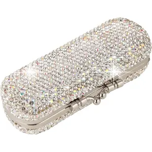 Shiny Rhinestone  Portable Lipstick Case with Mirror Portable Bling  Makeup  Storage Holder for Travel Ladies Fashion