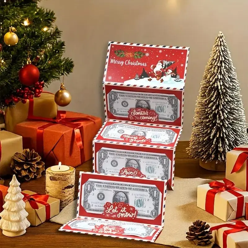 Christmas Santa Cash Gift Envelope Set, Stamp Grid Christmas Folding Bank Note Card, Holiday Decor, New Year Supplies, Winter Party Decoration