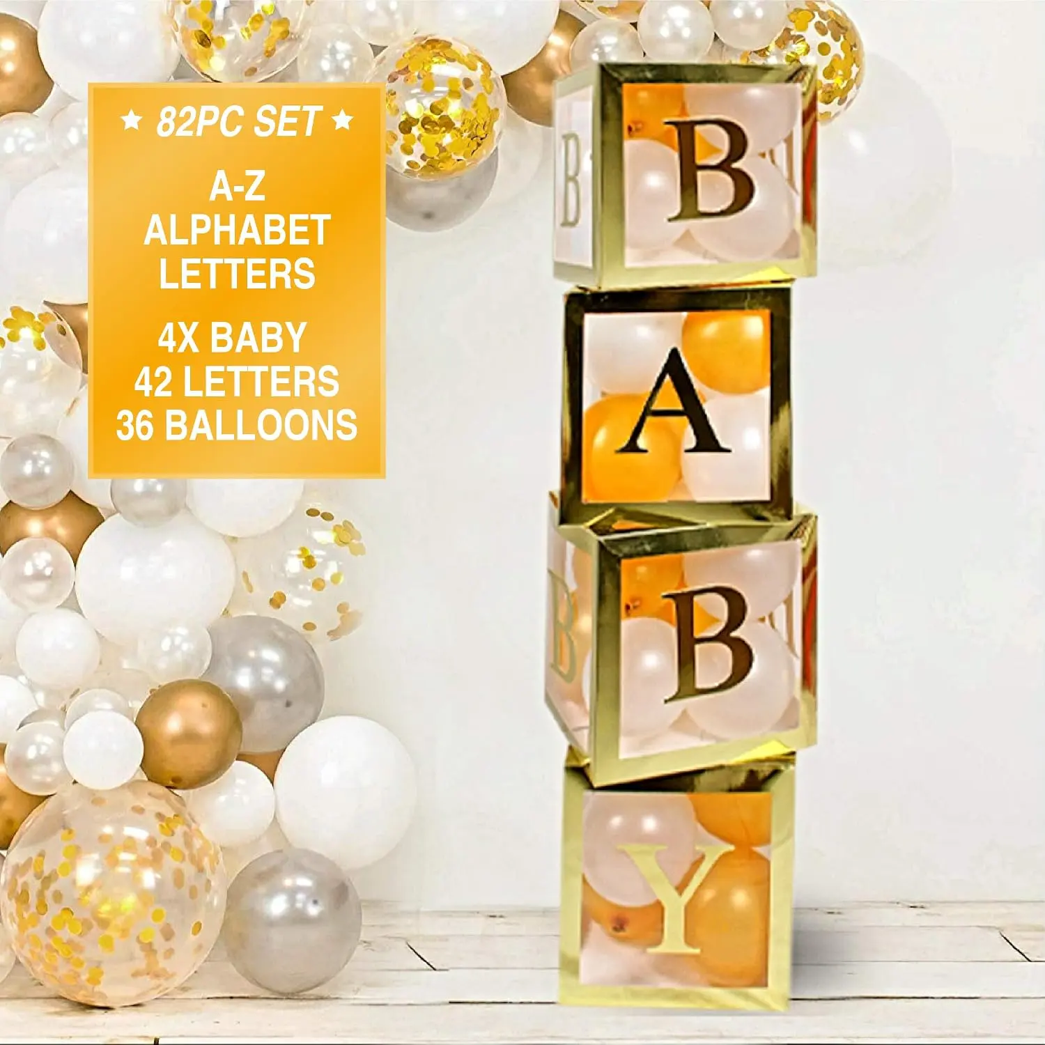 Transparent Block Balloon Boxes with 82-Count Neutral White Blue Balloons & A-Z Letters for DIY Happy Birthday Party Supplies, Birthday Ideas, Boy/Girl Centerpiece