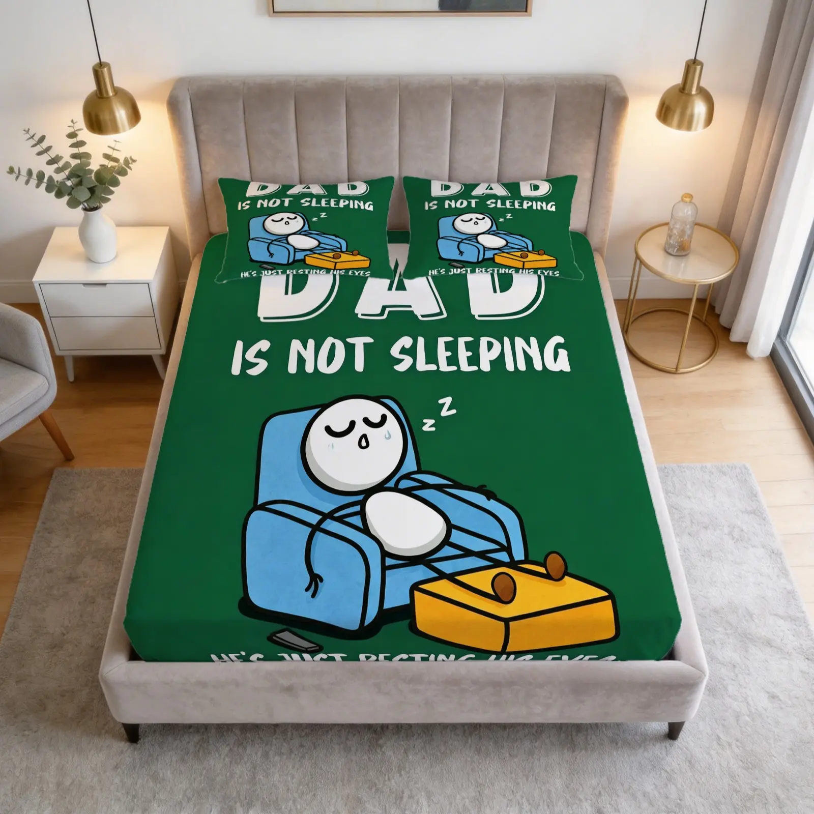 Fun Dad Is Not Sleeping, He's Just Relaxing His Eyes Printed Pattern Bed Sheet Set, 1 Bed Sheet With 2 Pillowcases, Suitable For Bedroom Decoration And Gifts For Fathers
