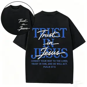 Trust In Jesus T-Shirt, Psalm 37:5 Bible Verse Graphic Tee, Brown Vintage Washed Oversized Casual Top, Christian Outfit