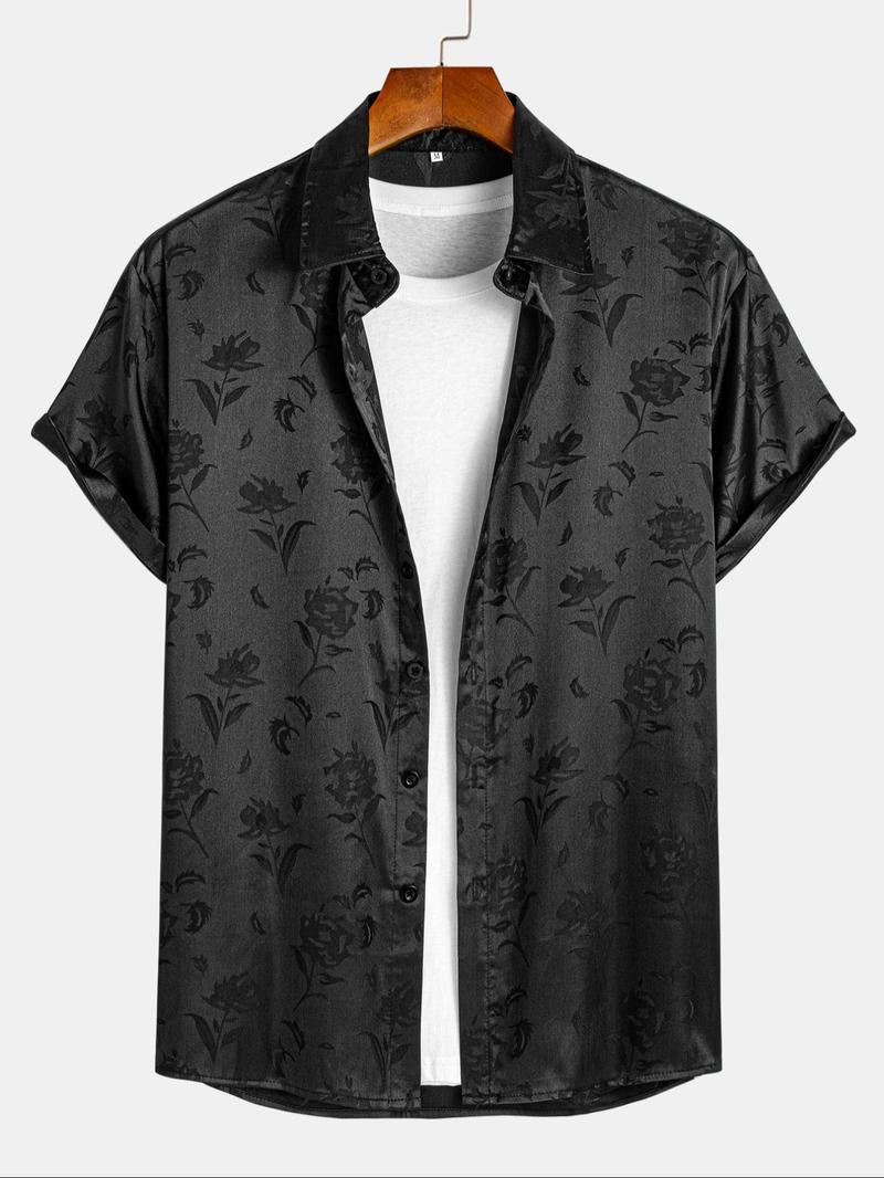 Men's Rose Print Jacquard Shirt, Regular Fit Short Sleeve Collared Top for Summer, Fashion Men's Clothes for Daily Wear, Casual Stylish Menswear