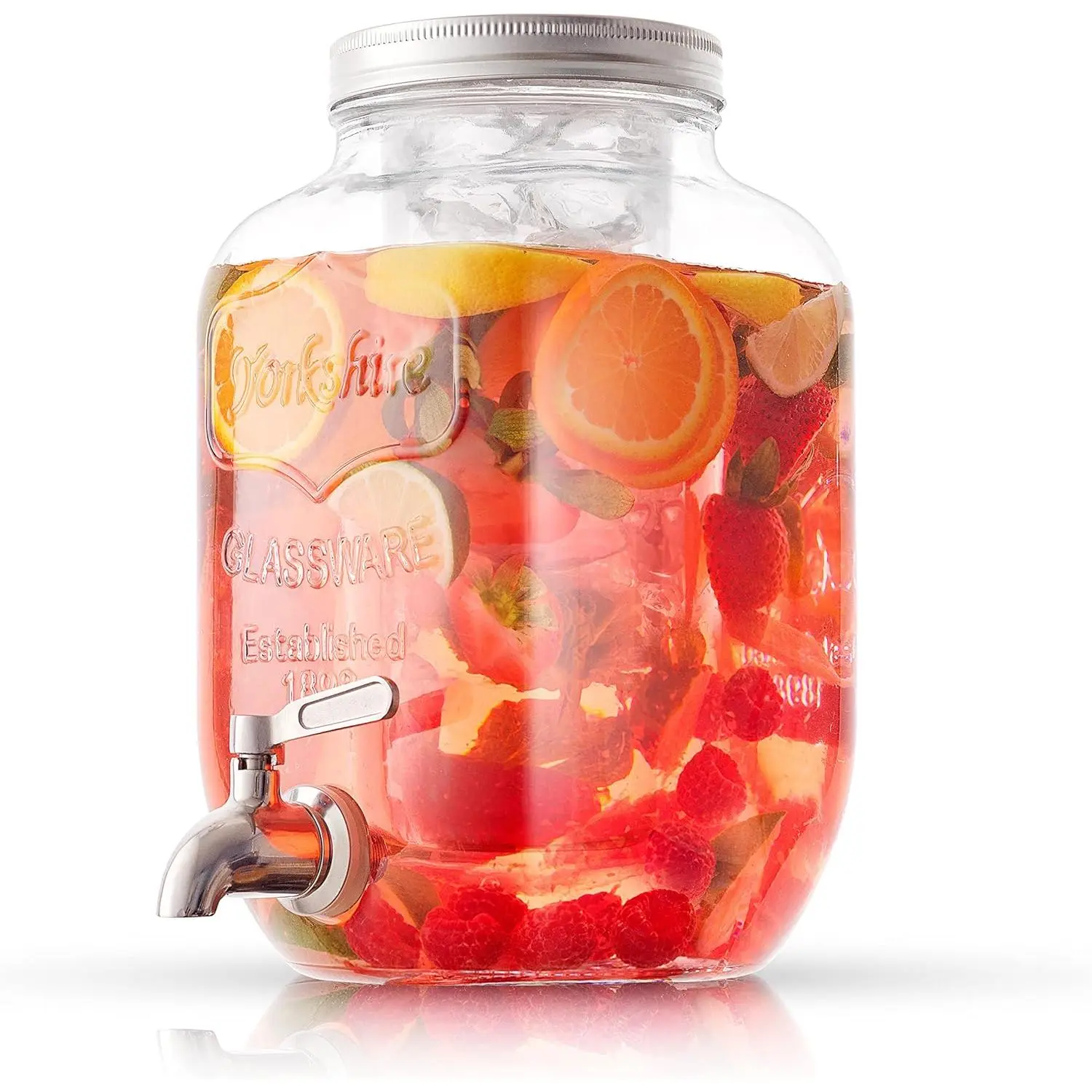 1-Gallon Drink Dispenser. Glass Beverage Dispenser with Stainless steel Spigot plus Ice Cylinder and Fruit Infuser! Water Dispenser, Lemonade Stand, Juice Container - Drink Dispensers for PartiesGift.