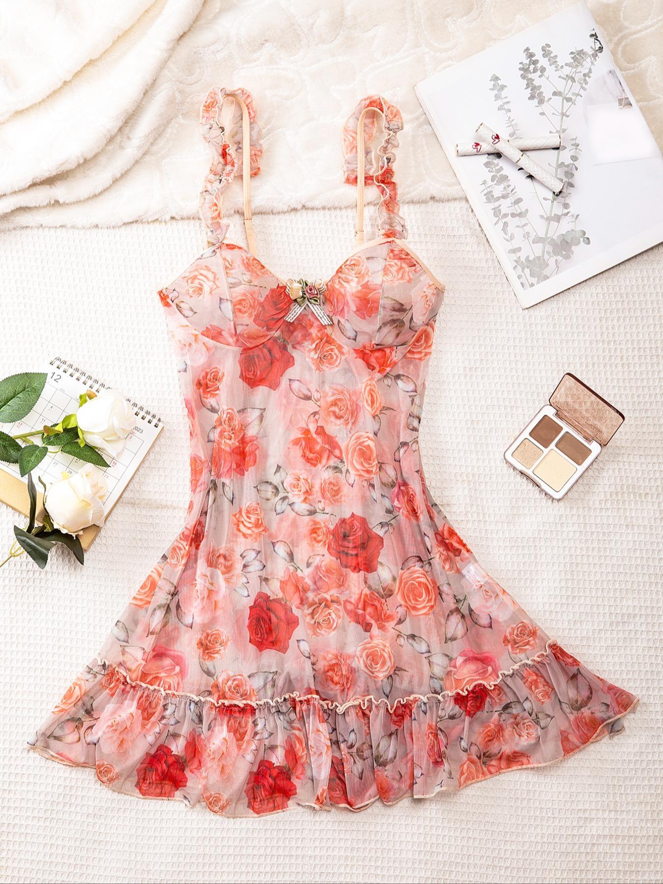 Women's Floral Print Bow Front Frill Tulle Cami Nightdress, Sexy Fit Spaghetti Strap Sleep Dress for Summer, Fashion Comfy Sexy Women Lingeries, Elegance Glam Lounge Wear, Nightwear, Womenswear