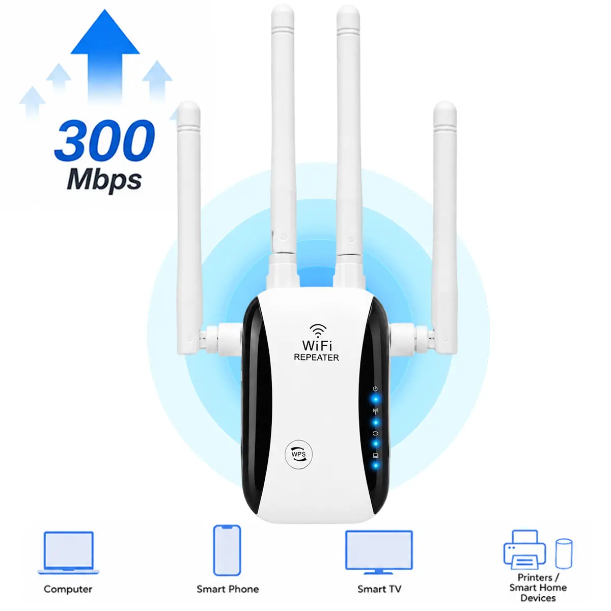 WiFi Extender for Dead Zones, 4 Antennas 300Mbps Wireless Signal Booster Repeater, Long Range Whole Home Coverage with Ethernet Port, WPS Easy Setup for Bedrooms, Basements and Home Offices