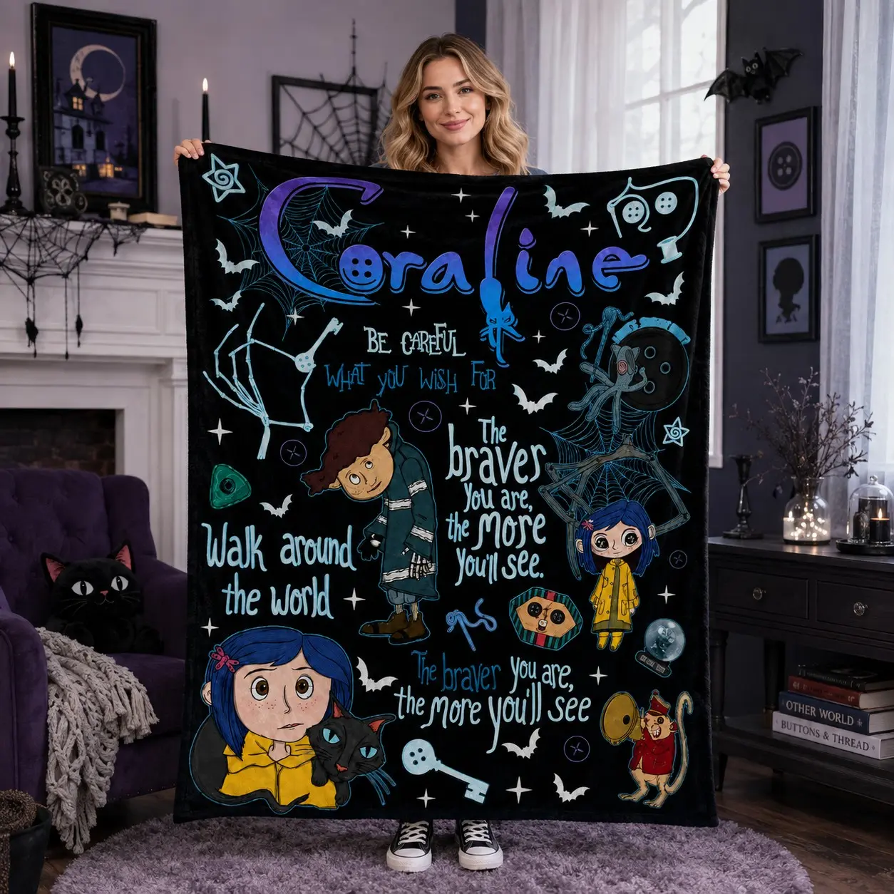 Coraline Cartoon Quote Flannel Throw Blanket, Button Black Cat Dark Fantasy Movie Print Cozy Sofa Blanket, Gothic Horror Fan Home Decor Gift