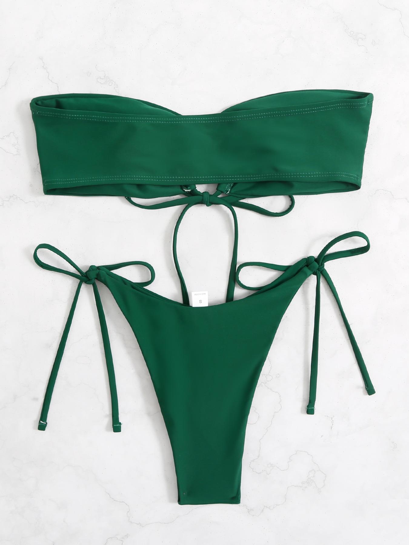 Two-Piece Set Women's Solid Bikini Set, Drawstring Ruched Cut Out Swim Bandeau Bra, Bikini Swim Top & Tie Side Swim Thong, Swimsuit for Women, Bathing Suits 2024 for Women Summer