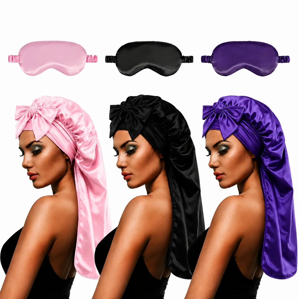 2-Piece Women’s Long-Tail Satin Sleep Bonnet & Matching Eye Mask Set with Bow, Night Hair Cap for Long Hair, Braids, Locs, Curls & Natural Hair, Pink/Black/Purple