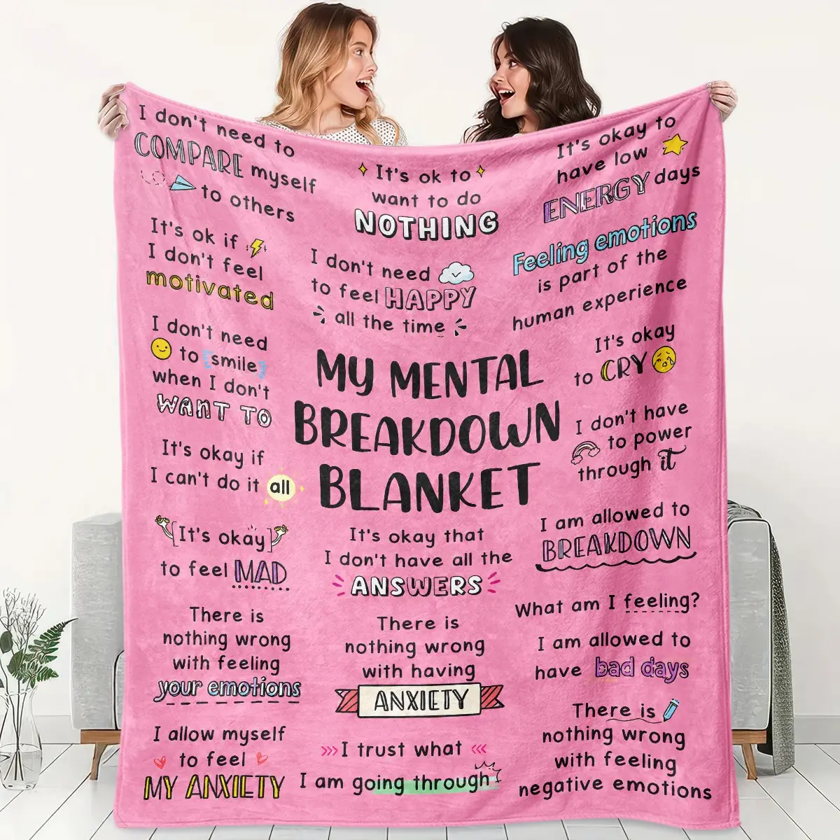 1pc Pink Healing Mental Comfort Slogan Fleece Blanket, Printed with Emotional Healing English Text, Hand-Drawn Cute Icons Inspirational Elements, Soft Warm Nap Blanket for Sofa, Bed, Camping & Travel, Ideal Christmas Gift, Heartfelt Gift Blanket