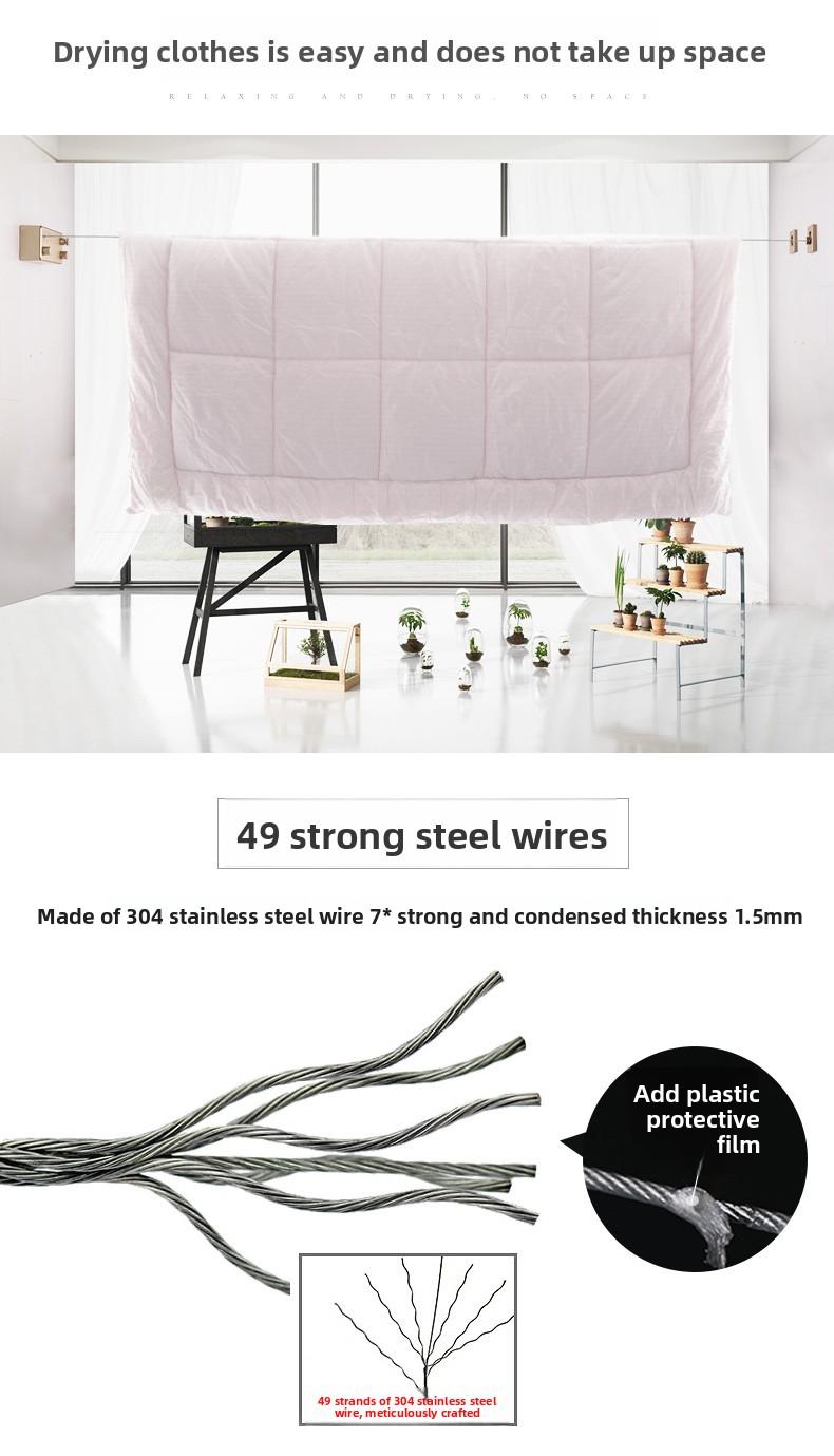 No-Drill Clothesline Indoor Retractable Clothes Drying Artifact Balcony Wall-Mounted Steel Wire Clothesline Invisible Retractable Clothes Rack