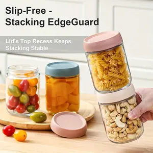 Set of 4, 16Oz Glass Jars with Airtight Lids, Ideal for Food Storage And Overnight Oats. Suitable for Microwave, Dishwasher, And Refrigerator Use, These Stackable Round Containers Are Made of Durable Glass And Are Safe for Microwave Use