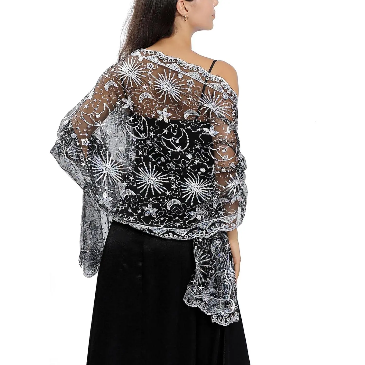 Women's Lightweight Sequin Stars-Moons Sheer Mesh Shawls and Wraps - Sparkly Dress Accessory for Evening Dresses, Wedding Parties